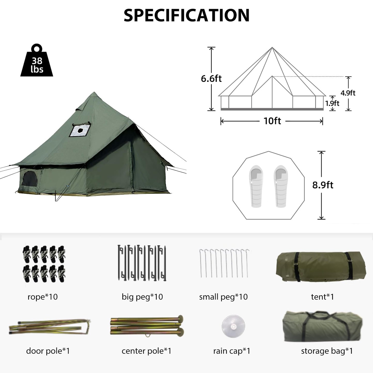 Cotton Canvas Bell Tent with Stove Jack, Roomy Yurt for Family Glamping Camping, 4 Season Tent with Zipped Removable Floor