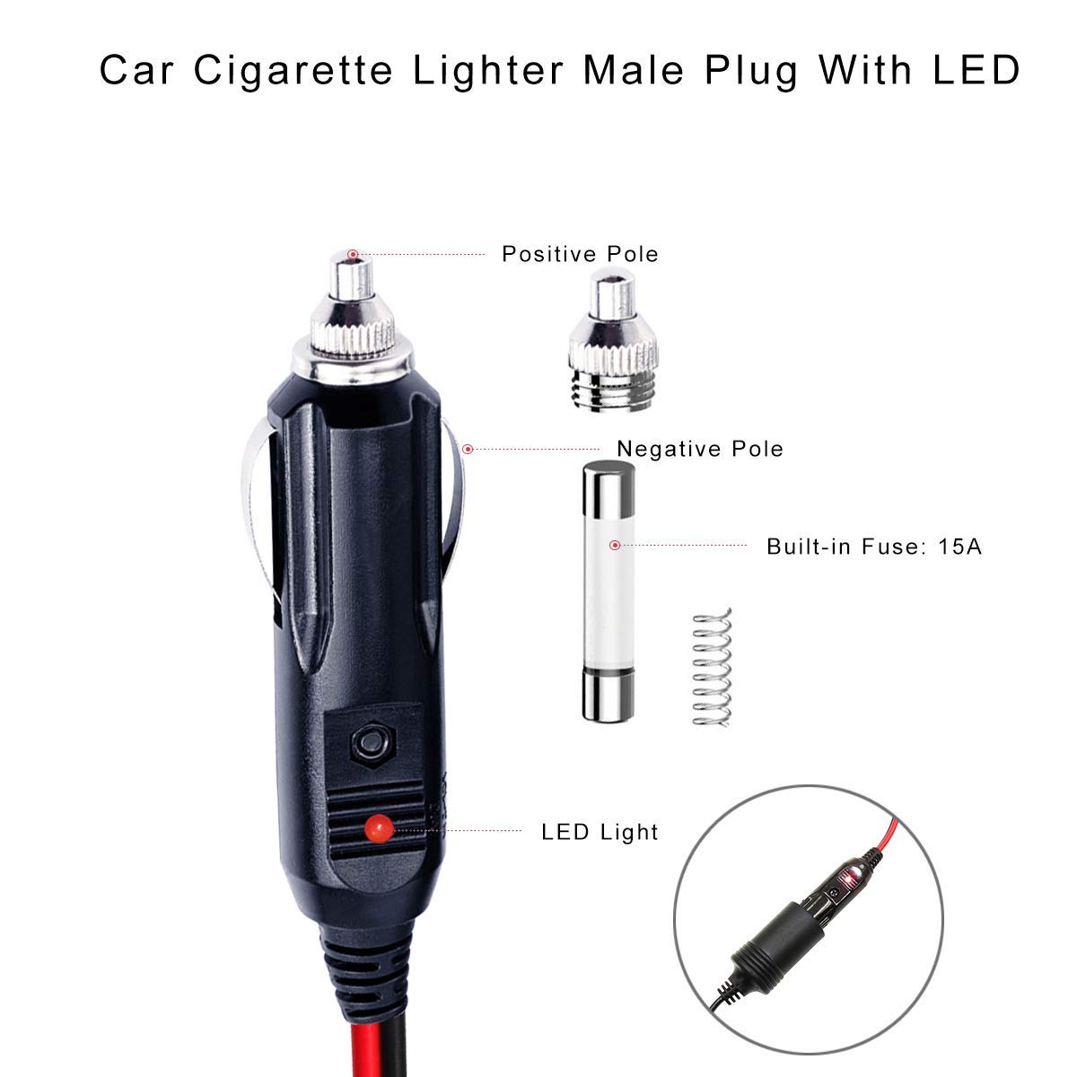 12V Cigarette Lighter Extension Cord 12FT -Car Charger Cigar Lighter Male Plug to Female Socket 16AWG Heavy Duty Extension Cable with LED Lights Extender for Air Compressor Pump and Tire Inflator 15A
