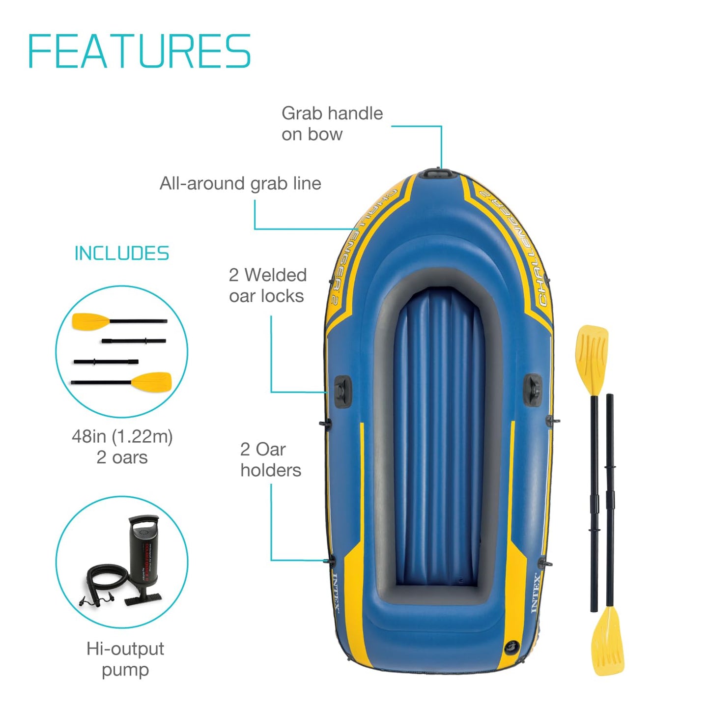 INTEX Challenger Inflatable Boat Series: Includes Deluxe Boat Oars and High-Output Pump – SuperStrong PVC – Triple Air Chambers – Welded Oar Locks – Heavy Duty Grab Handle