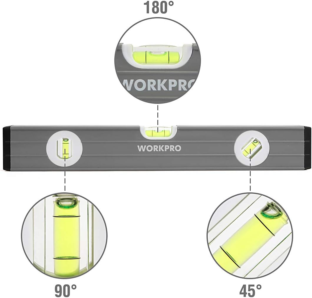 WORKPRO Torpedo Level, 3-Piece Spirit Level Set, 9"(Magnetic), 16"(Non-magnetic), 24"(Non-magnetic), Bubbles Measuring, Clear, Green.