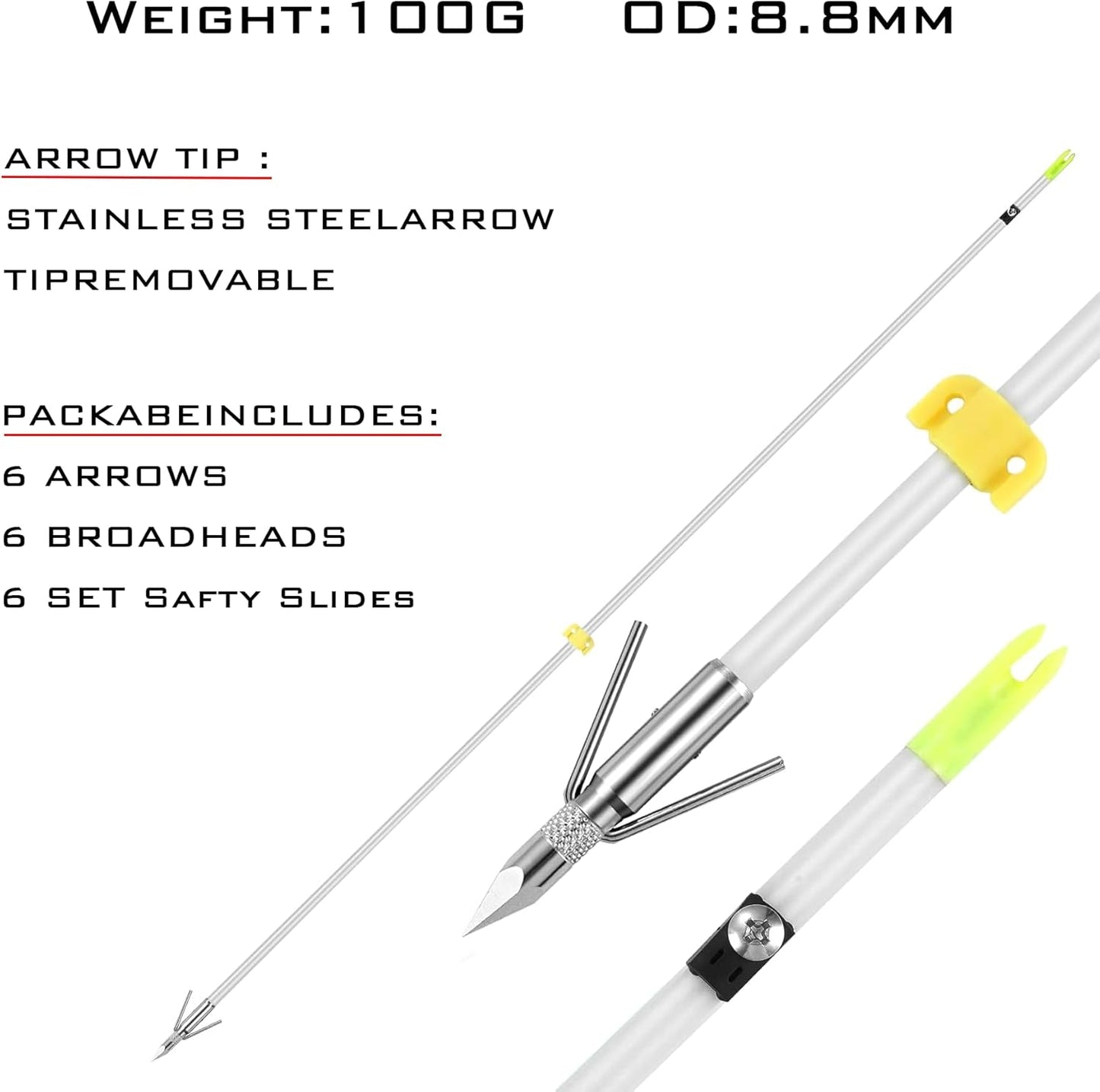 6 Pack 32 inch Bowfishing Arrows with Broadheads & Safty Slides Luminous Bow Fishing Arrows for Compound Bow Recurve Bow Fishing Hunting