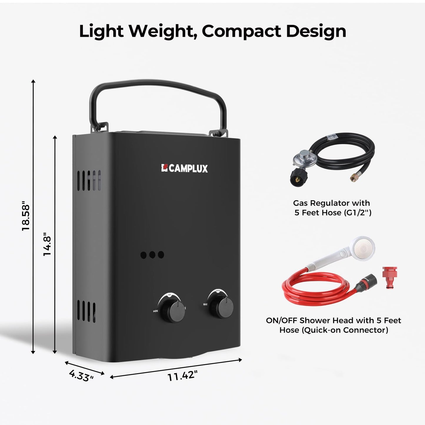 CAMPLUX Tankless Water Heater Outdoor, 1.32 GPM Portable Propane Camping Water Heater, 5L, AY132, White