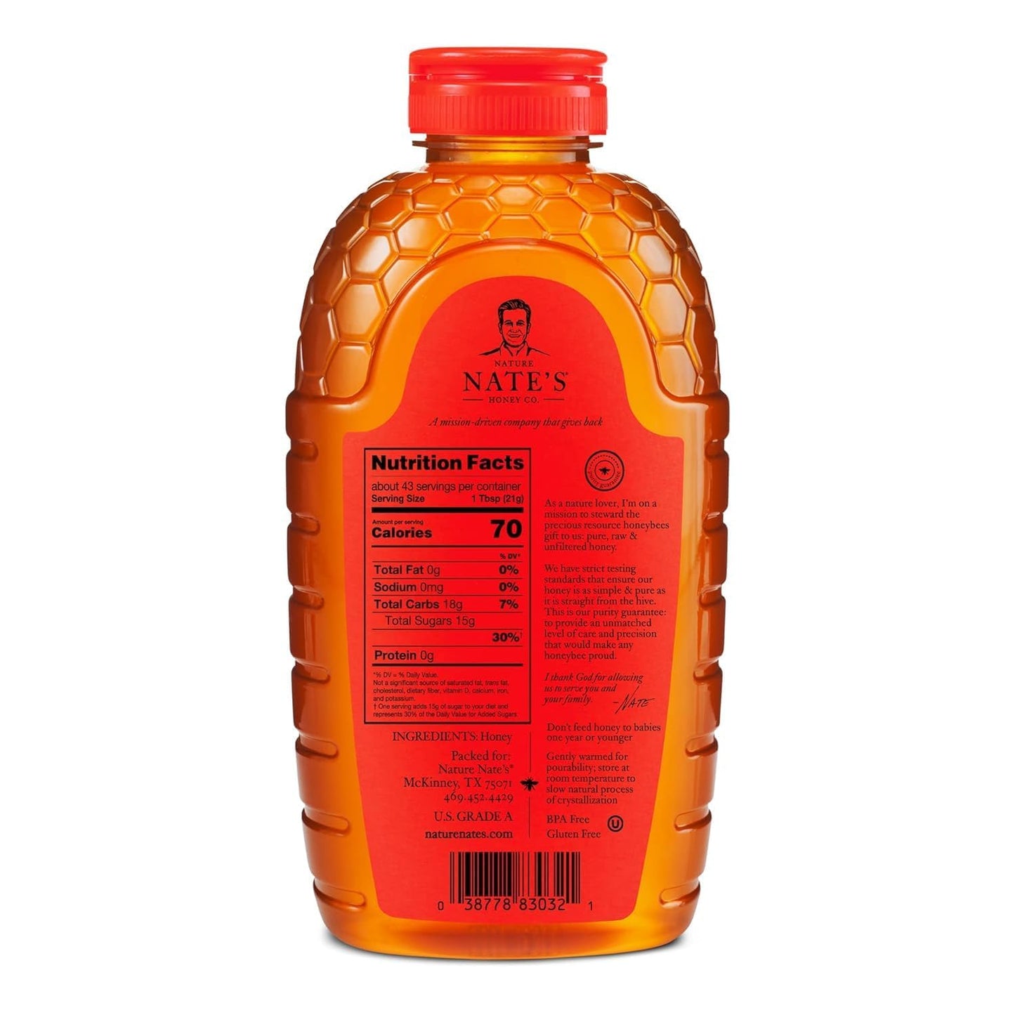 Nate's 100% Pure, Raw & Unfiltered Honey - Award-Winning Taste, 16 oz. Squeeze Bottle