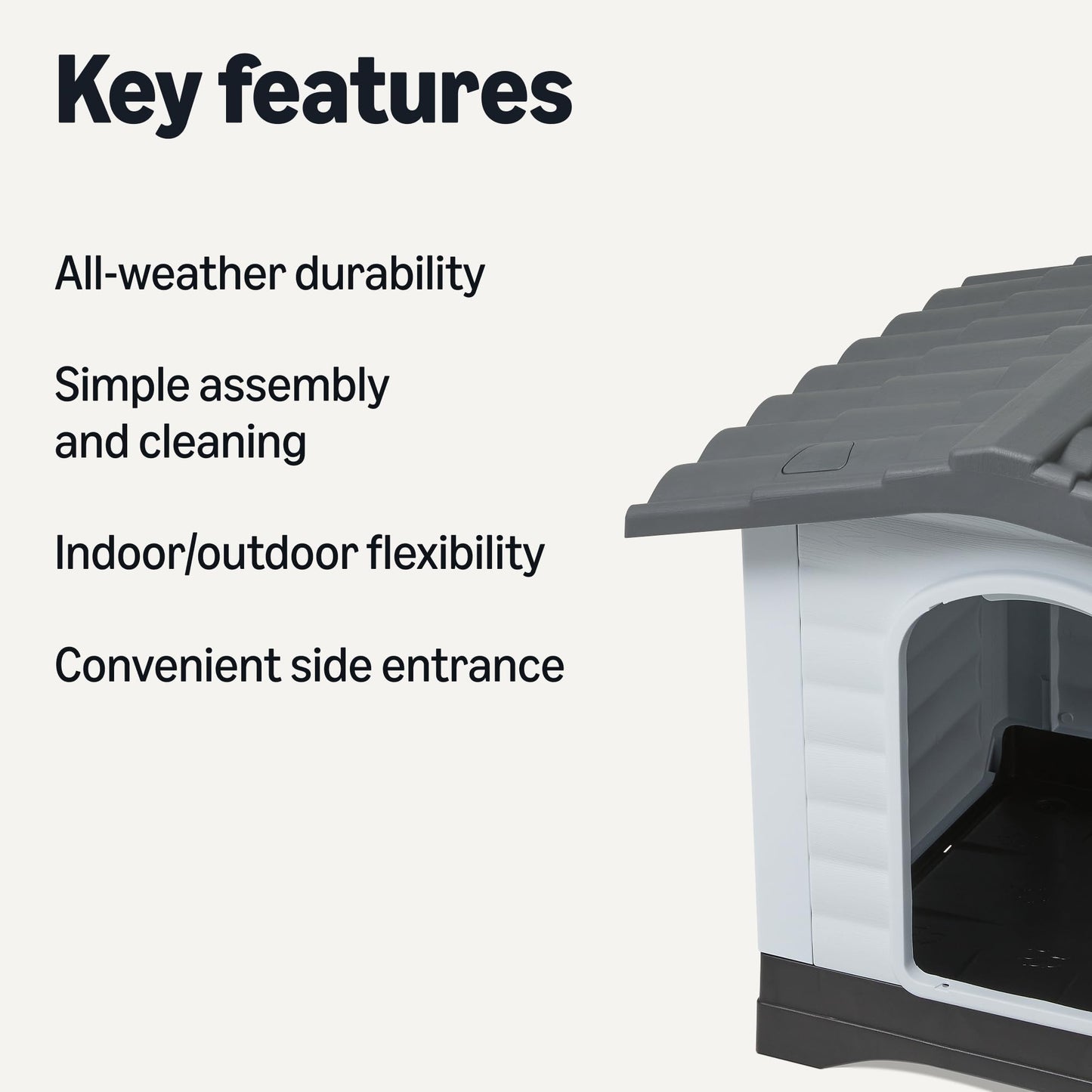 Amazon Basics Plastic Dog House for Small & Medium Dogs - Easy to Assemble & Detachable Structure, Indoor/Outdoor Use, Elevated Floor, Durable & Waterproof, Side Door Access, Undulating Roof Design