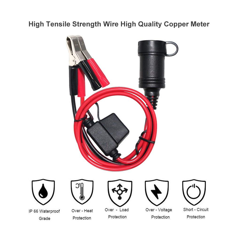 SPARKING 12FT 12V Female Car Socket Extension Cord with Battery Alligator Clips Car Battery Clip-on Extension Cable, 15A Fuse (12FT)