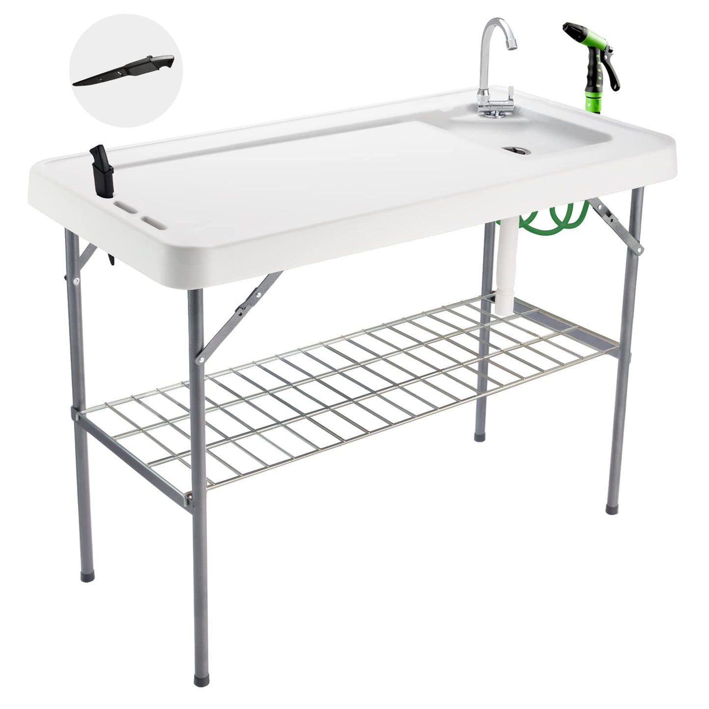 Folding Fish Cleaning Table Portable Camping Sink with Faucet Drainage Hose & Sprayer Outdoor Fillet Station Grid Rack Knife Groove for Picnic Fishing, Black