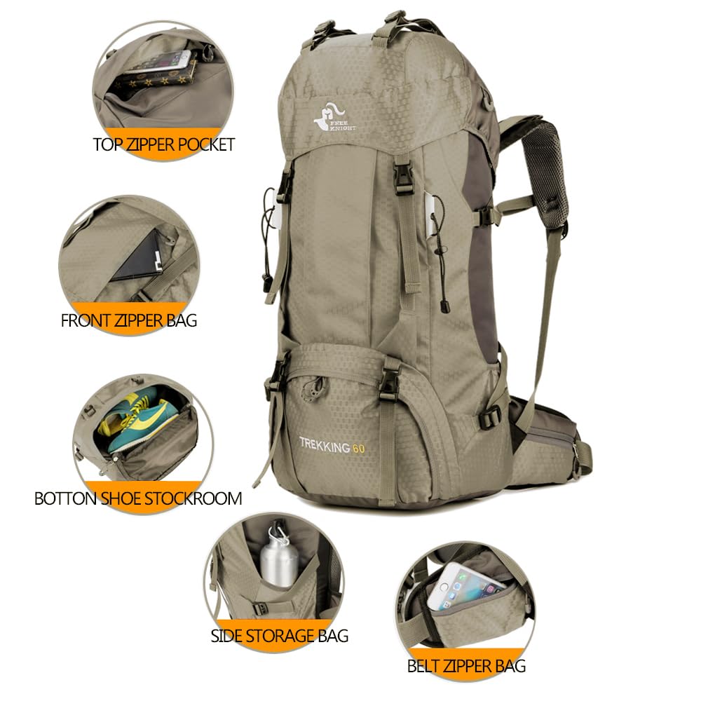 Bseash 60L Waterproof Hiking Camping Backpack with Rain Cover, Large Outdoor Sport Travel Daypack Rucksack for Climbing