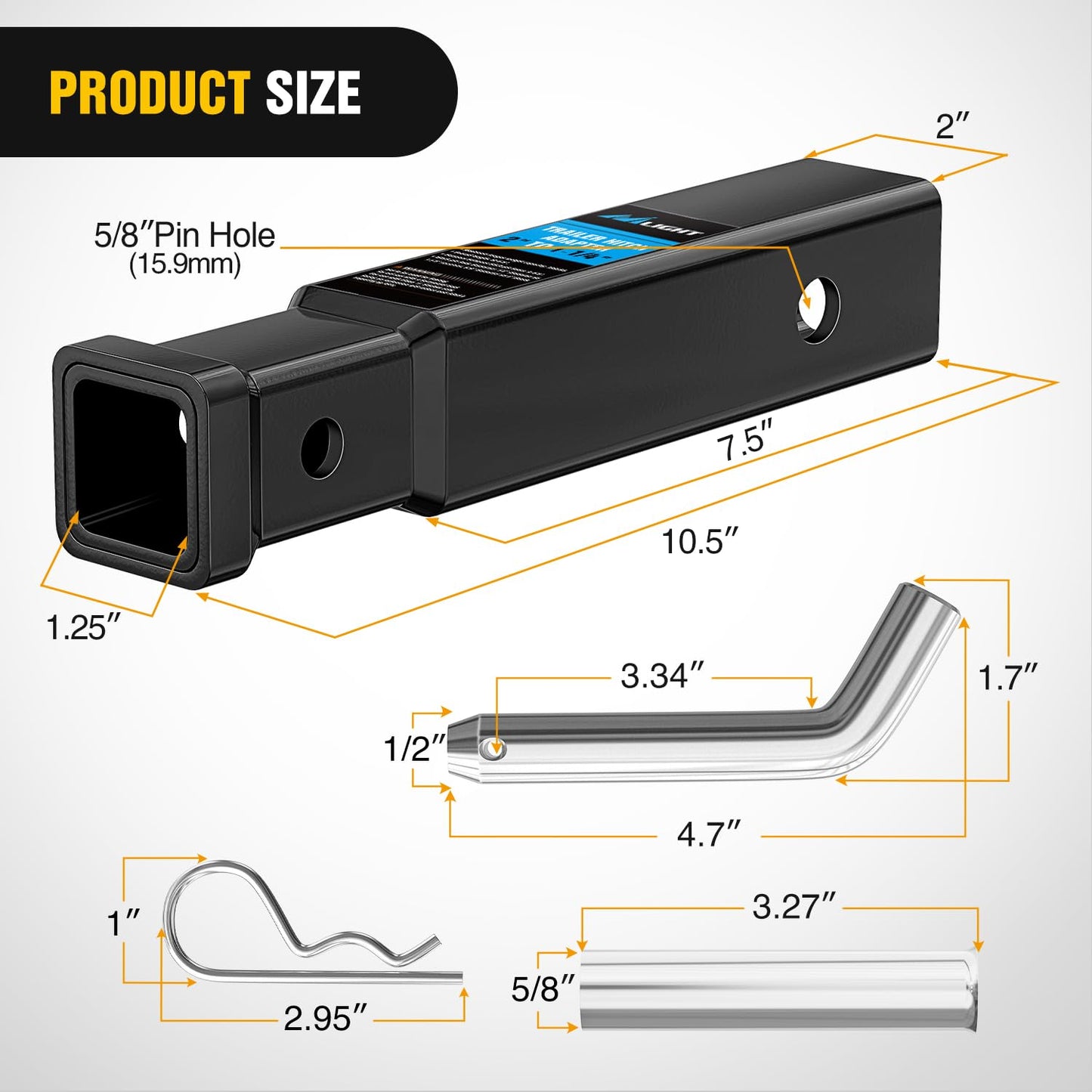 Nilight Trailer Hitch Receiver Extender Adapter Reducer 1-1/4 to 2Inch Hitch Adapter 6-1/2 inch Extension Sleeve Convertor 350Lbs with 1/2-Inch Diameter Pin and Clip with 5/8-Inch Adapter
