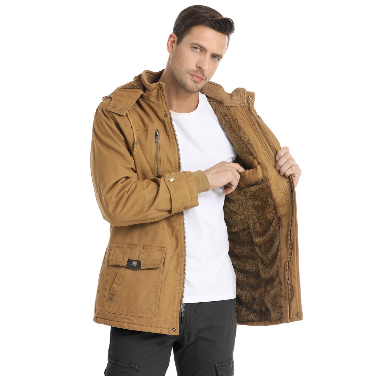CHEXPEL Men's Thick Winter Jackets with Hood, Fleece Lining, Cotton Military Work Jackets with Cargo Pockets, Outwear