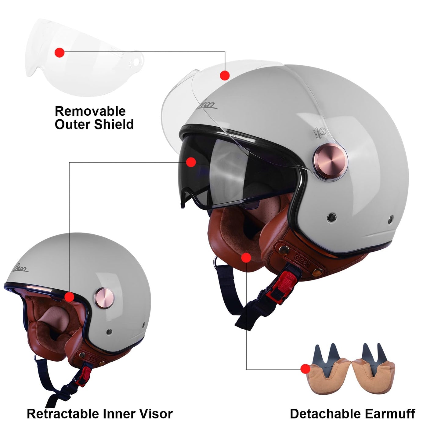 Open Face Motorcycle Helmet for Adults, DOT Approved,3/4 Retro Vespa Helmet, Dual Visors Men's and Women's Motorbike Casco for Moped Cruiser Bobber and Chopper