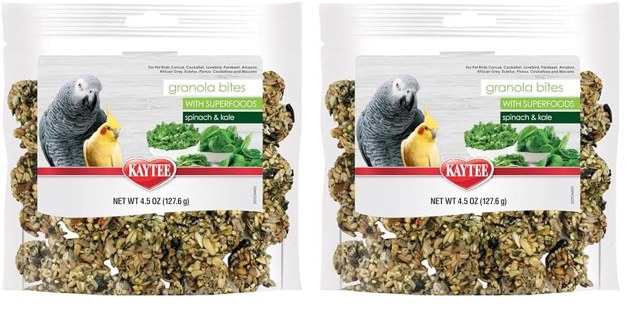 Kaytee Granola Bites with Super Foods Spinach and Kale for Pet Birds, Conure, Cockatiel, Lovebird, Parakeet, Amazon, African Grey, Ecletus, Pionus, Cockatoos and Macaws, 4.50 Ounce (Pack of 1)