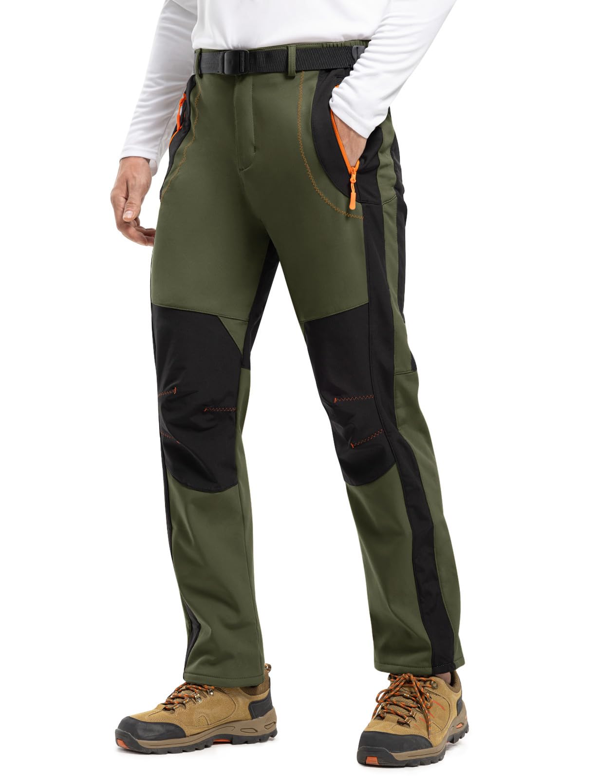 TBMPOY Men's Snow Ski Hiking Pants Waterproof Winter Fleece Lined Pants Camping Skiing Ice Fishing Pants with Belt 02 Thick Green L