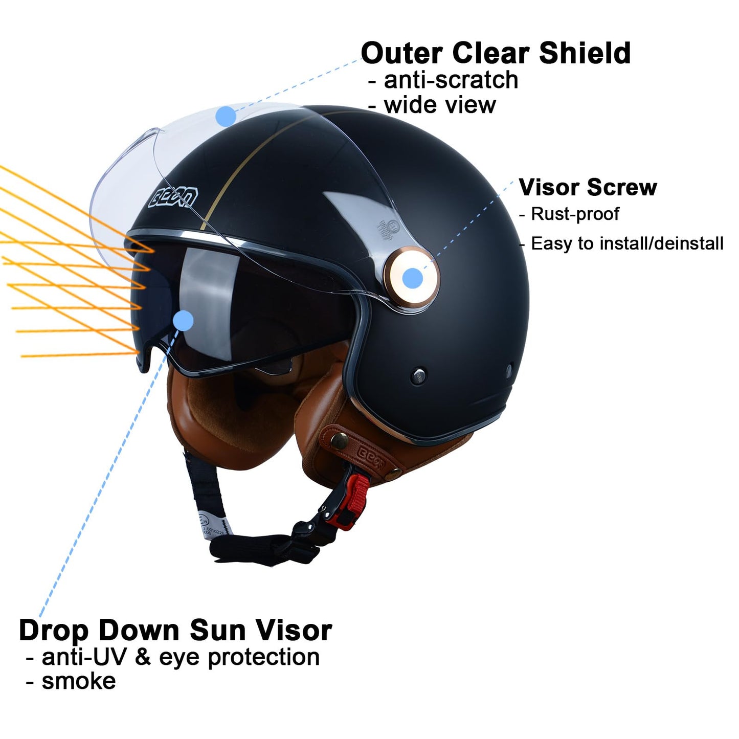 Open Face Motorcycle Helmet for Adults, DOT Approved,3/4 Retro Vespa Helmet, Dual Visors Men's and Women's Motorbike Casco for Moped Cruiser Bobber and Chopper