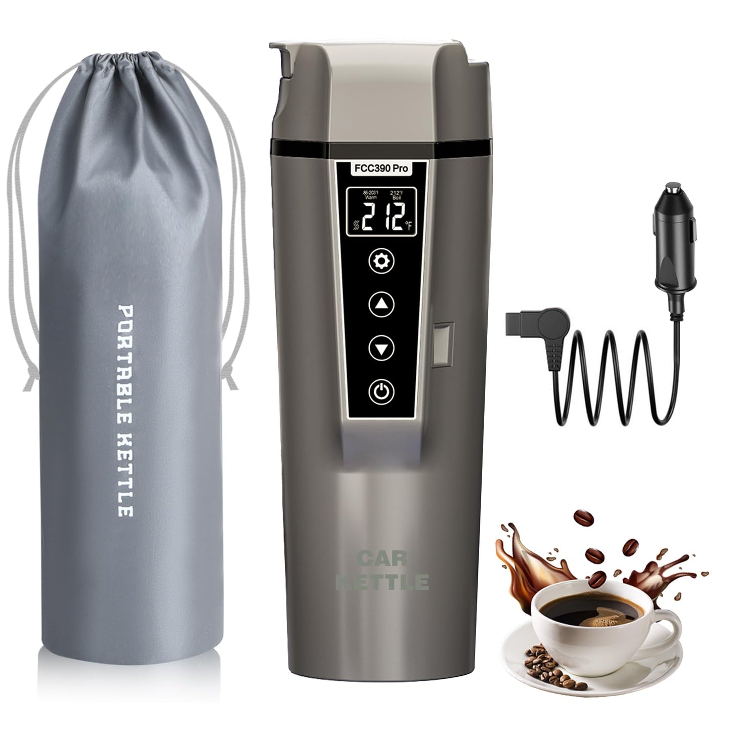 Car Electric Kettle: 12V/24V Portable Water Boiler Heated Travel Mug,Multiple Temperature Adjustable Coffee Tea Truck Cup with 304 Stainless Steel Dry Burn Protection & Handy Cup Bag