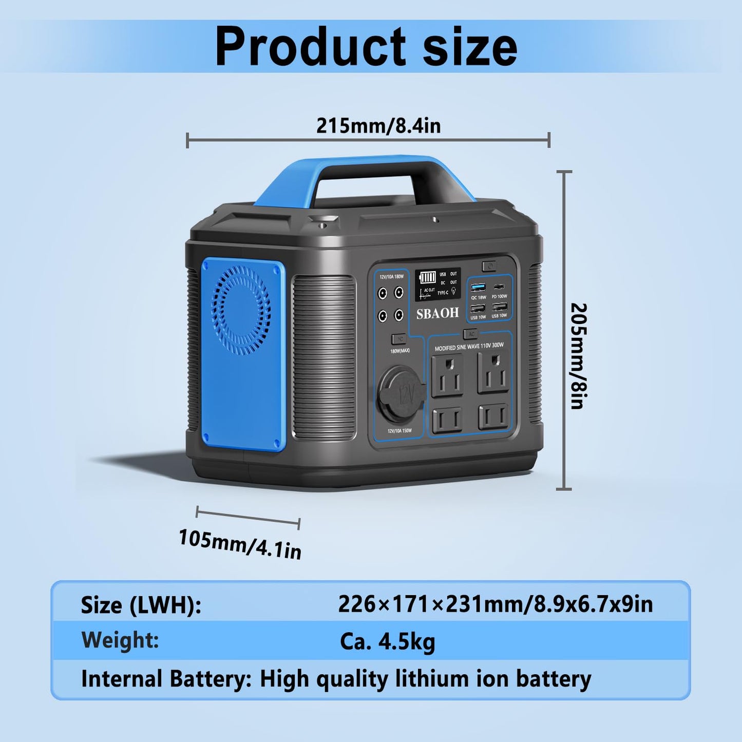 Portable Power Station, 300W 296Wh Solar Generator Quick Charge / 110V AC Outlets/DC Ports and LED Flashlight, Lithium Battery Backup for Home Outdoor Travel Camping Blackout blue