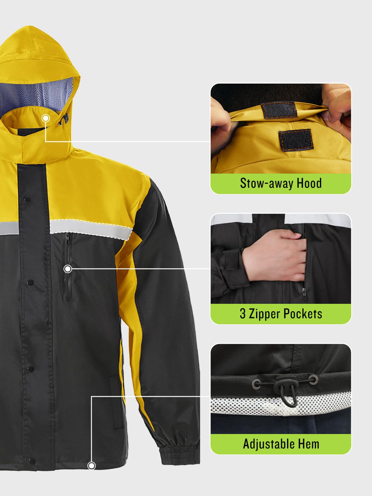 Men's Rain Suit High Visibility Reflective Work Rain Jacket Pants for All Sport Farm Fishing Motorcycle