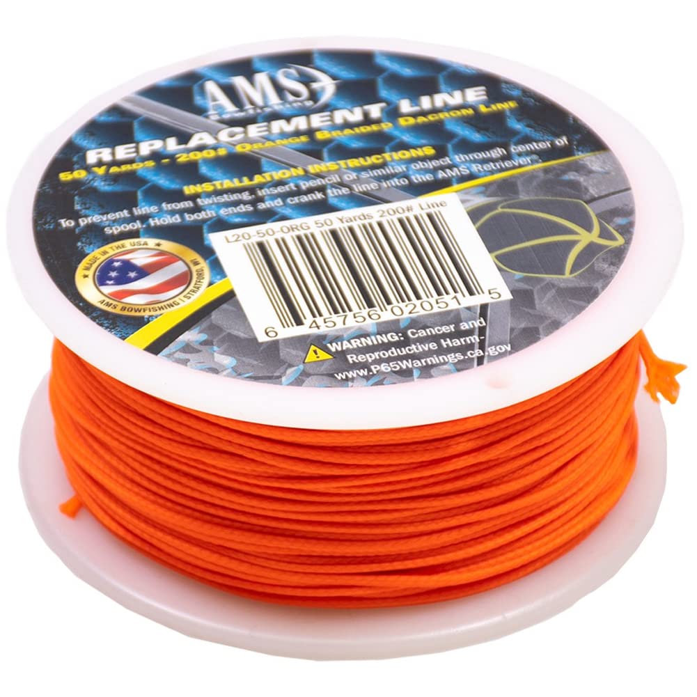 AMS Bowfishing 200 Pound Braided Dacron Line - 50 Yards - Orange - Made in The USA
