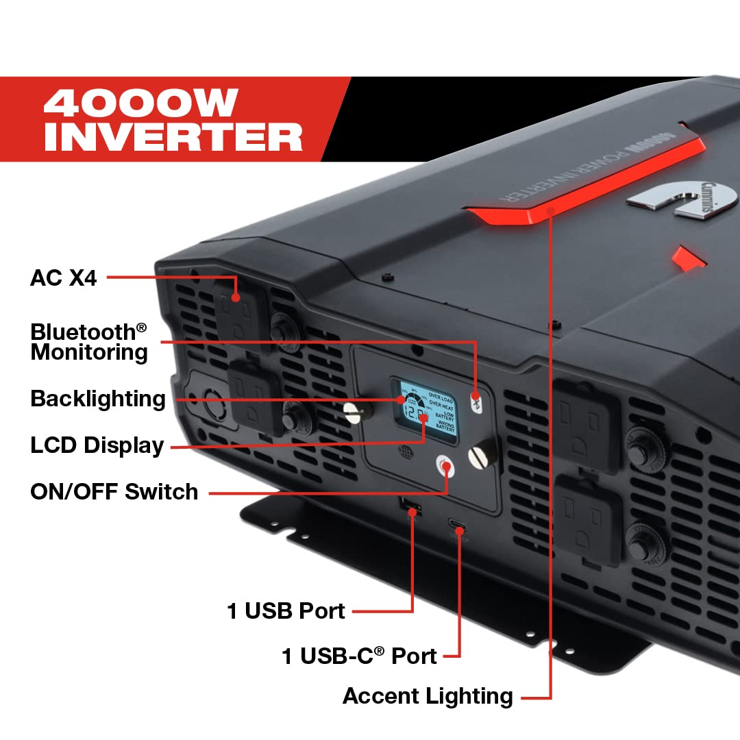 Cummins 5000 Watts Inverter Modified Sine Wave Truck Inverter 12 Volts to 110 Volts Four AC Outlets Two USB Ports (Plus Cable Kit)- CMN5000W - Inverters for Vehicles, Van Life, Camping