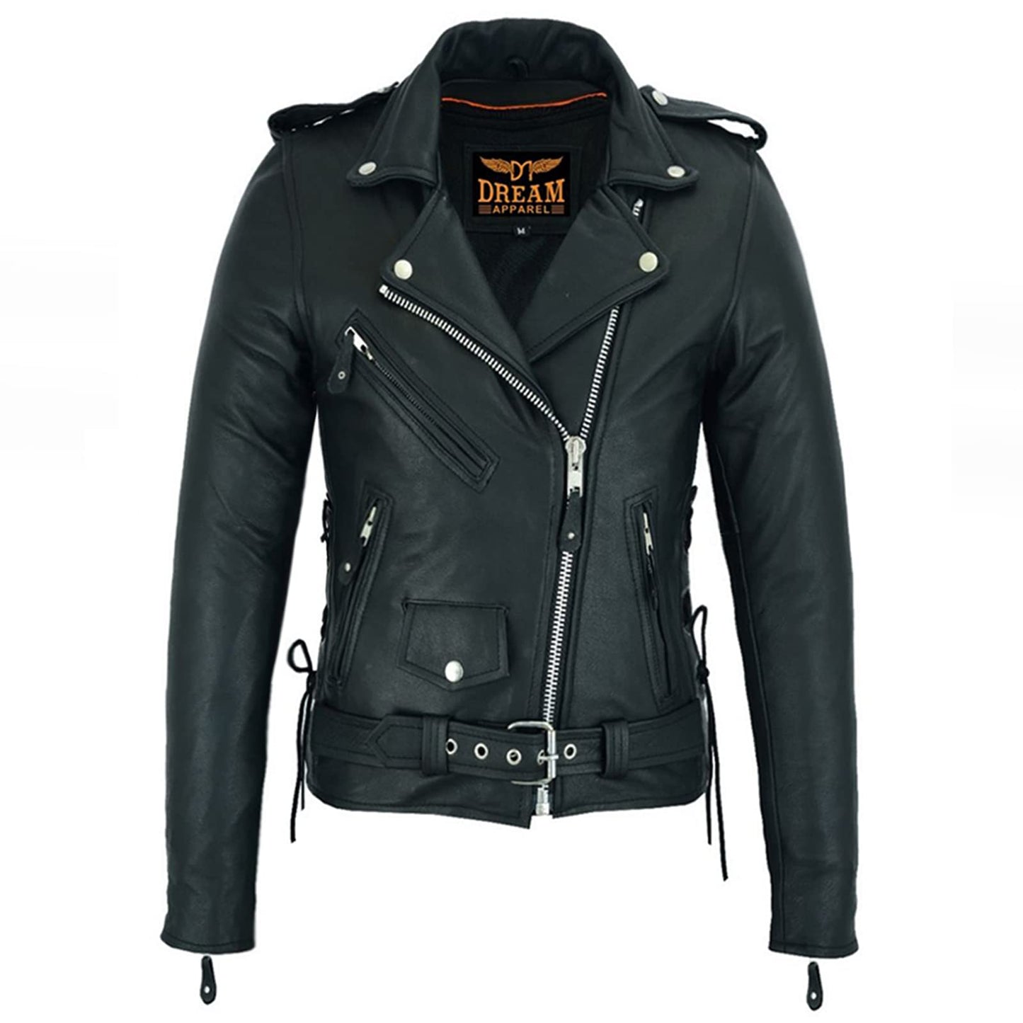 Dream Apparel Women’s Classic Leather Motorcycle Jacket with Zip Out Lining, Biker Jacket for Ladies with Side Laces, Black