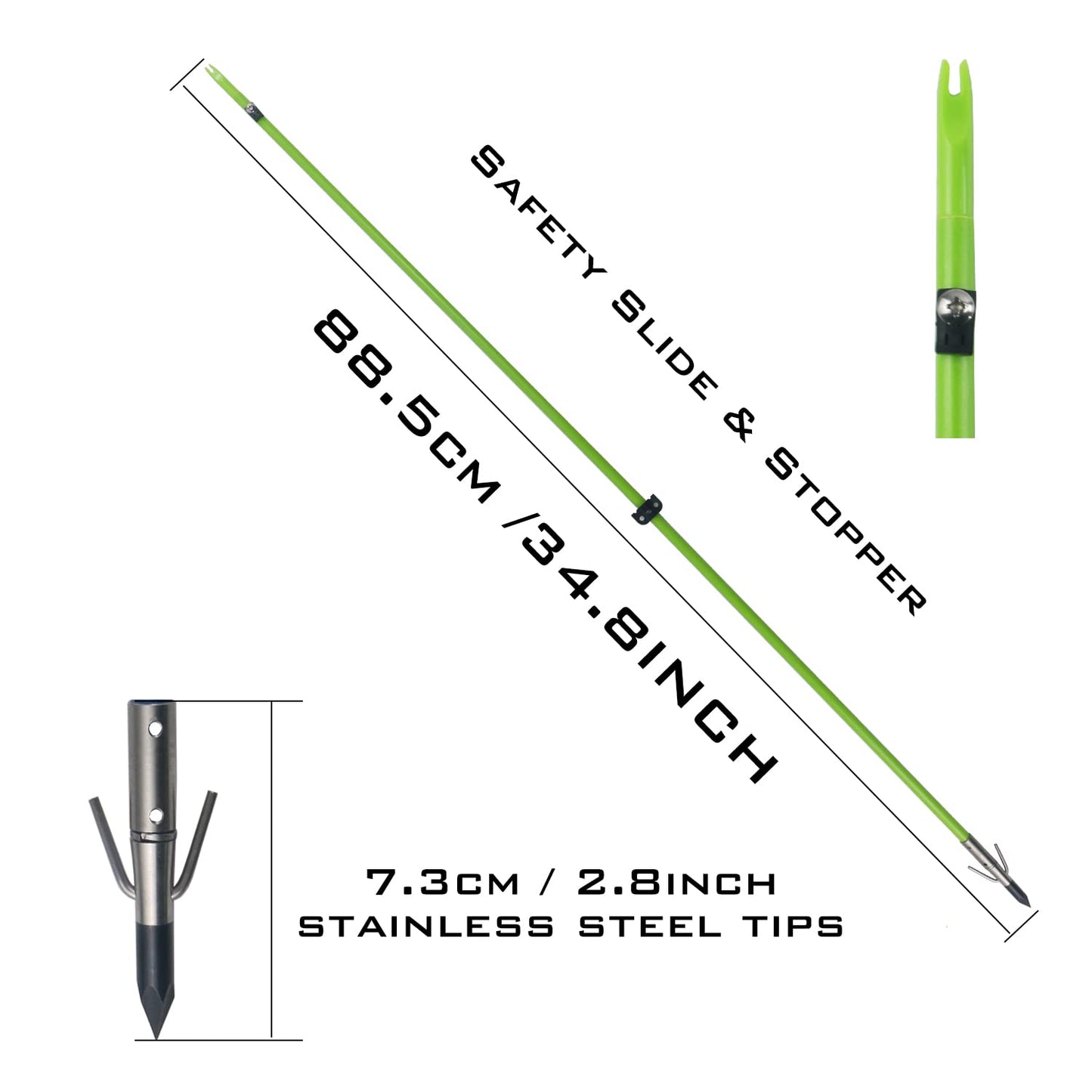 34inch Bowfishing Arrows Solid Fiberglass Shaft with Broadhead for Compound Bow and Recurve Bow Fishing Arrow Archery and Hunting (Pack of 6)