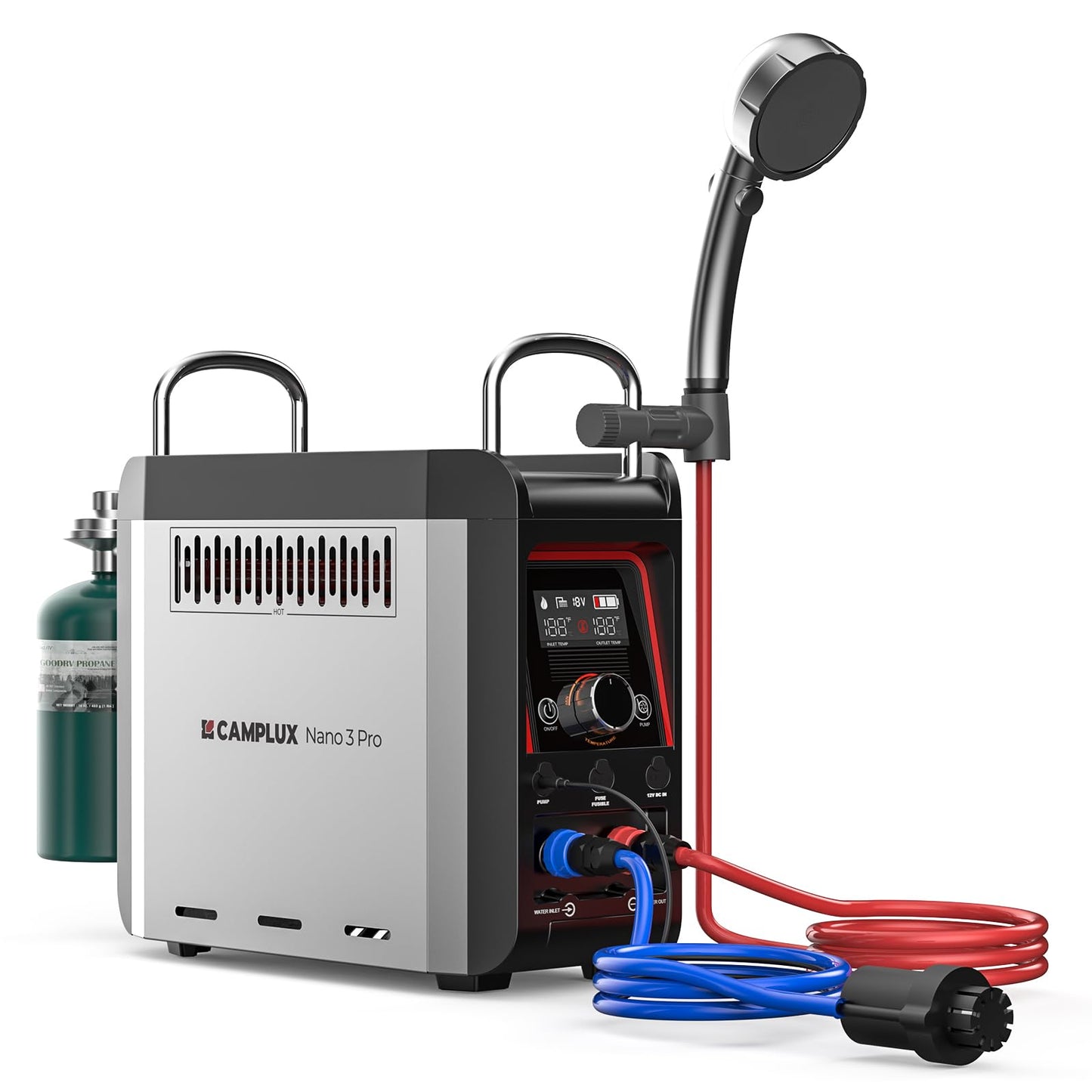 CAMPLUX Battery Powered Portable Water Heater, 1 lb On-Demand Propane Camping Shower Nano 3 Pro, On Ground Camp Water Heater & Shower Pump