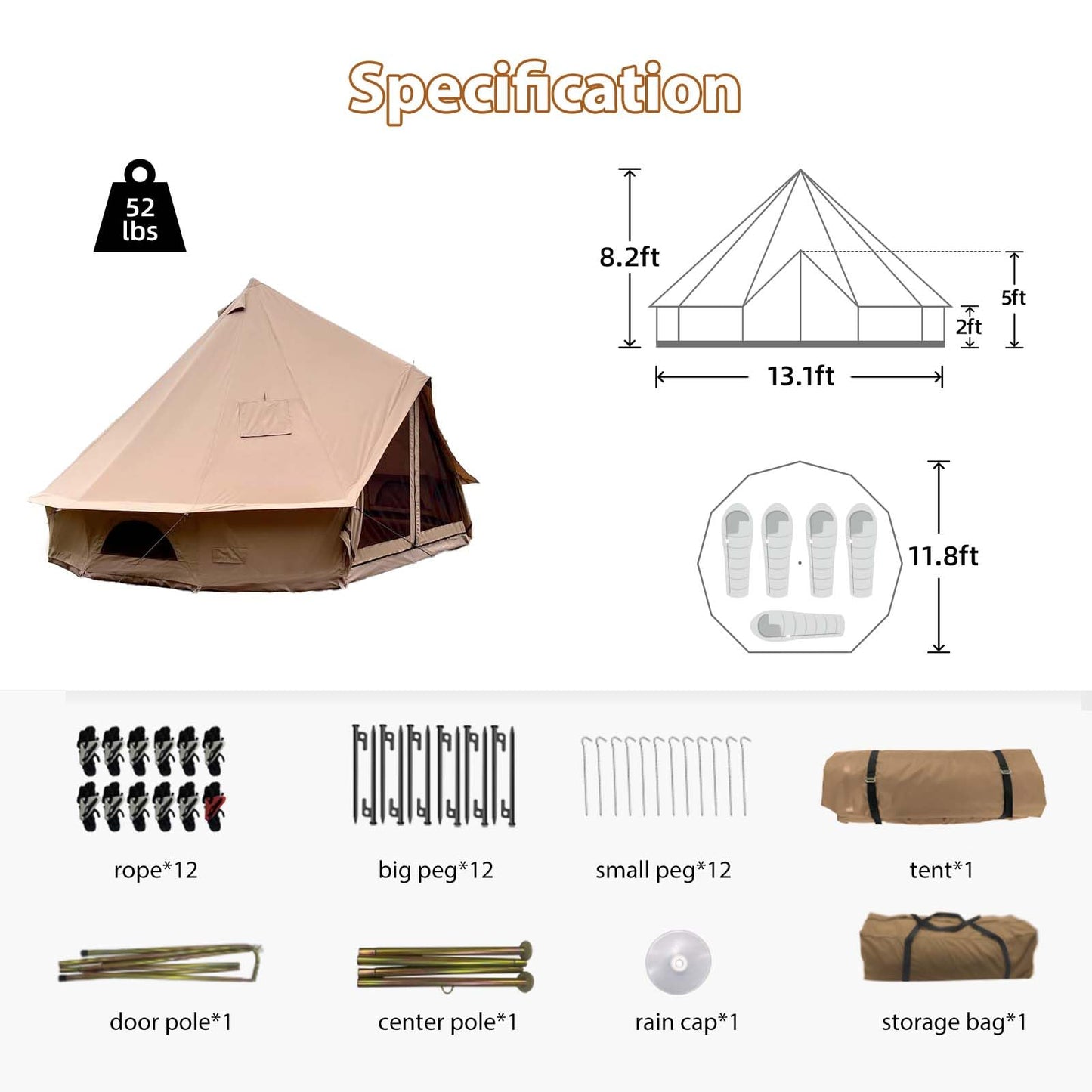 Cotton Canvas Bell Tent with Stove Jack, Roomy Yurt for Family Glamping Camping, 4 Season Tent with Zipped Removable Floor