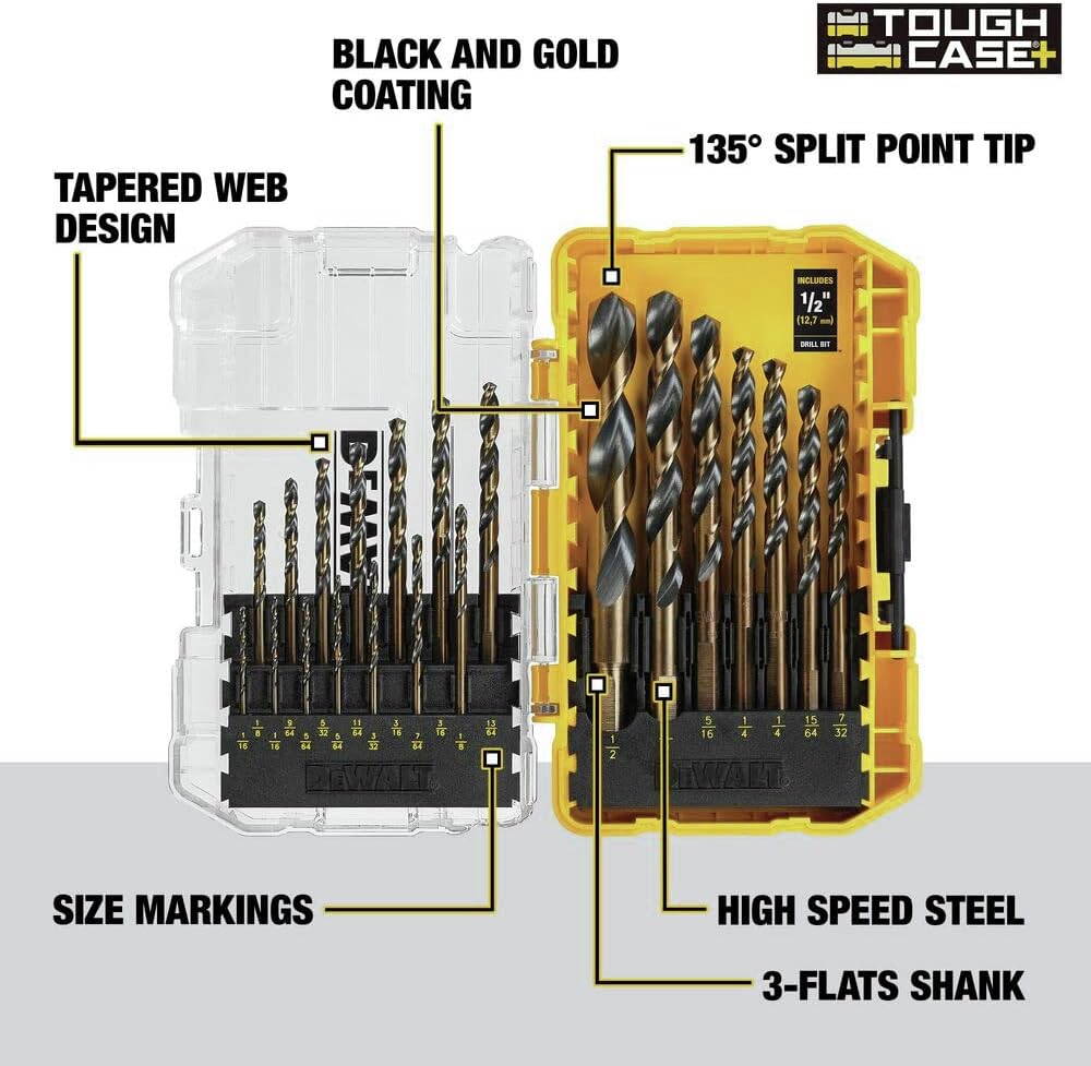 DEWALT Drill Bit Set, 21-Piece, 135 Degree Split Point, 31 Degree Helix, Black Oxide Coated, For Plastic, Wood and Metal (DWA1181)