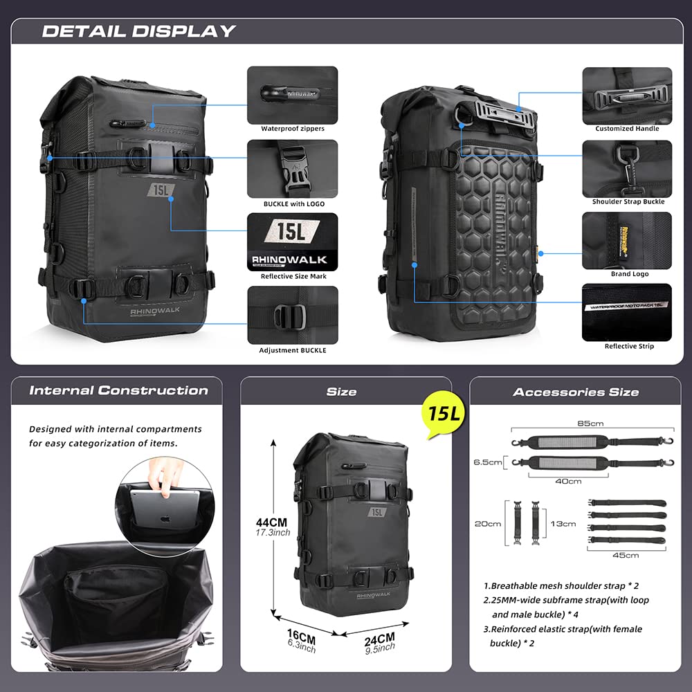 Rhinowalk Motorcycle Tail Bag Motorbike Side Bag 8L Full Waterproof Motor Saddle Pannier Bag Rear Rack Trunk Professional Motor Accessories-Black
