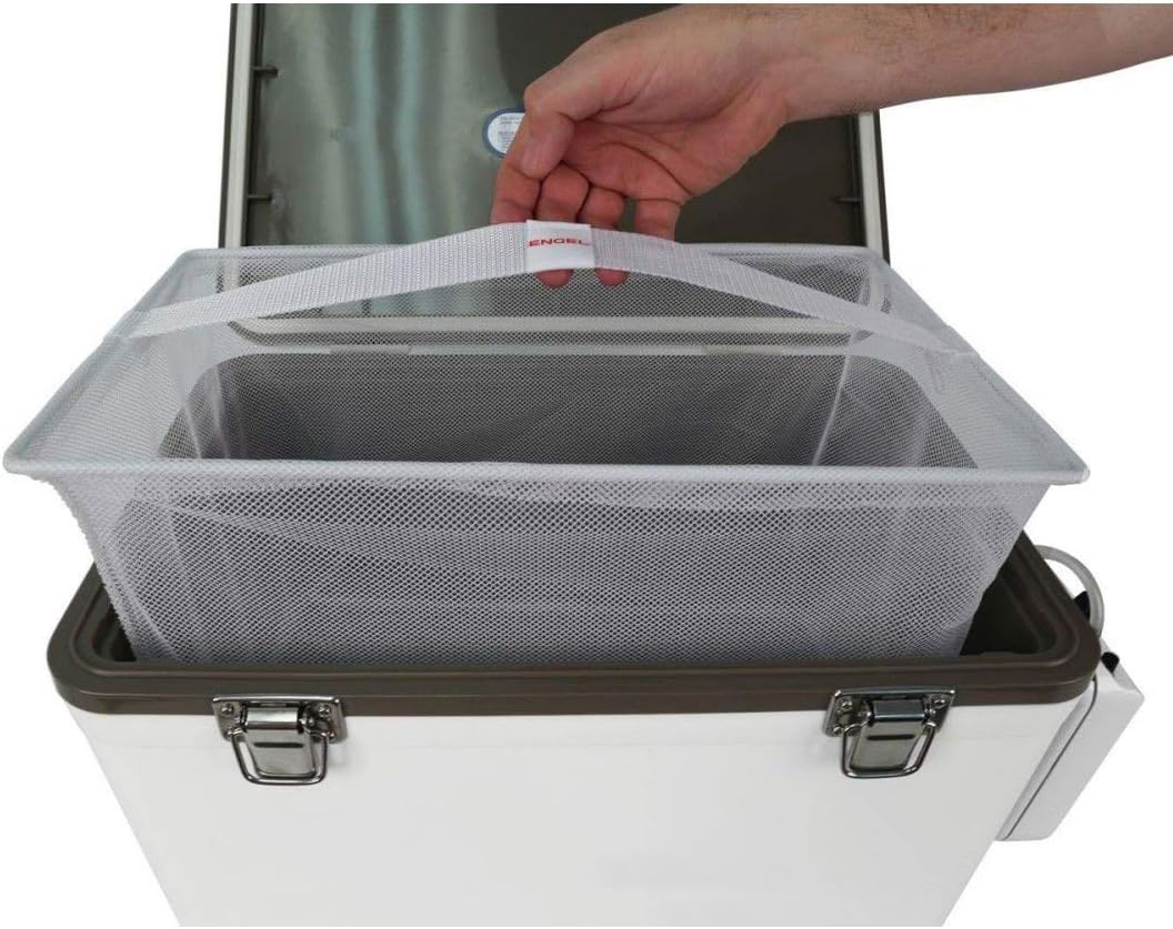 Engel 30qt Live Bait Cooler Box with 2nd Gen 2-Speed Portable Aerator Pump and 4 x Fishing Rod Holder Attachments. Fishing Bait Station and Minnow Bucket in LBC30-RH in White