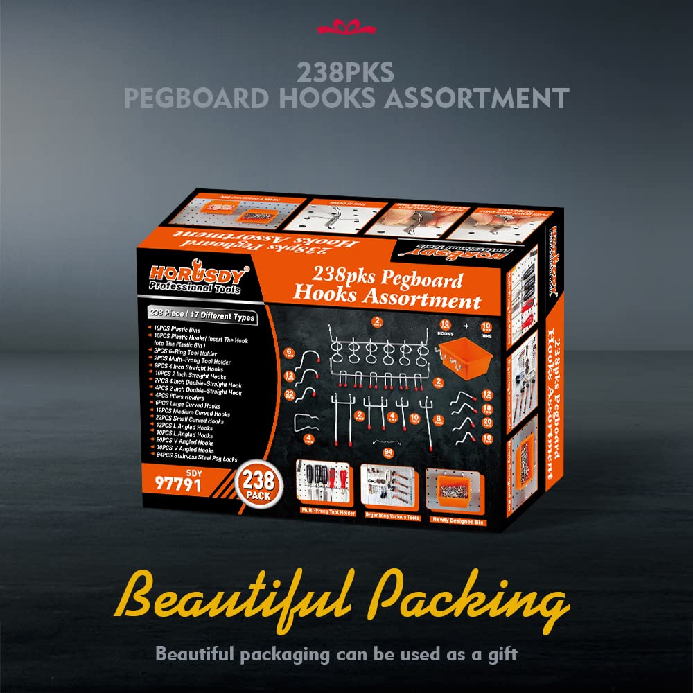 HORUSDY 150-Piece Pegboard Hooks Assortment, Pegboard Accessories with Pegboard Bins for Organizing Various Tools