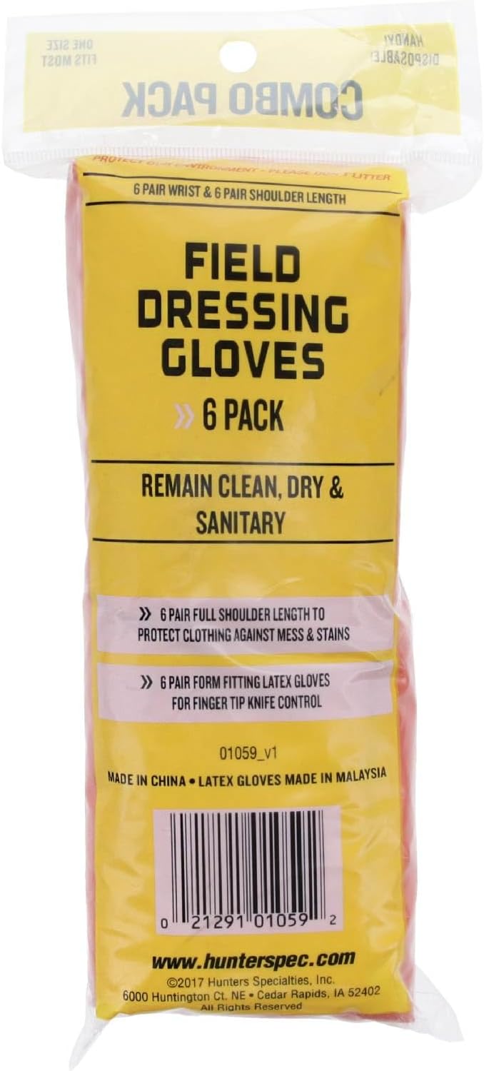 Hunters Specialties Field Dressing Gloves Combo Pack 6 Pairs Short Latex Gloves & 6 Pairs Shoulder-Length Poly Gloves for Deer Gutting