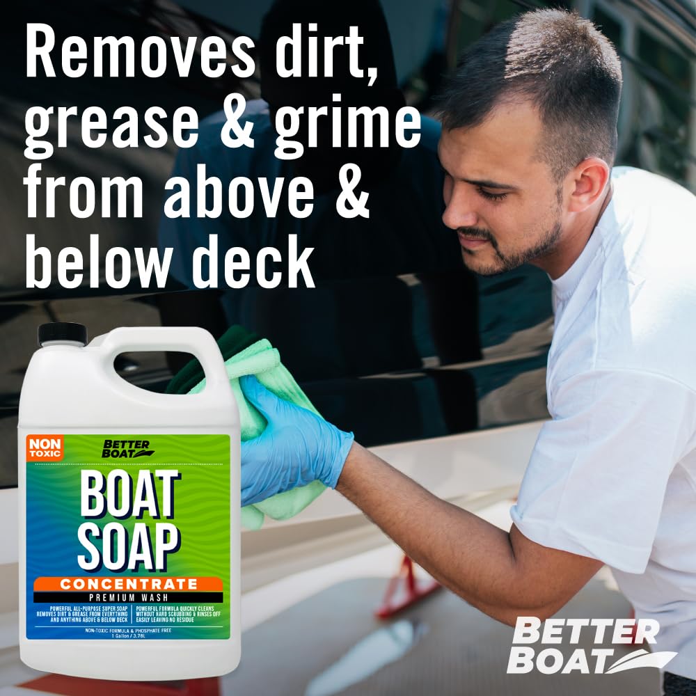 Premium Grade Boat Soap, Marine Concentrate Cleaner, 1 Gallon, Wash and Wax for Freshwater and Saltwater Use, Cleans Fiberglass Boat Hulls, RVs, Marine Cleaning Supplies