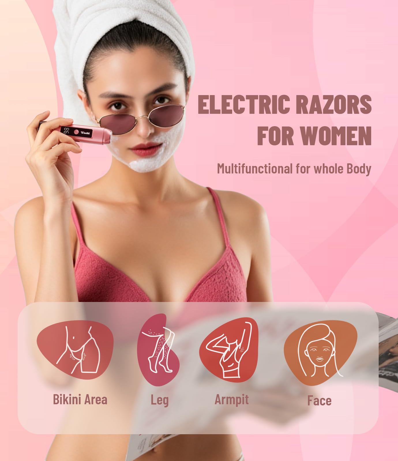 WUDTI Electric Bikini Trimmer for Women: Razor & Shaver with Dual Heads for Body Pubic Hair, IPX7 Waterproof with LED Display - Rechargeable Lady Trimmer for Underarm Body Leg Face