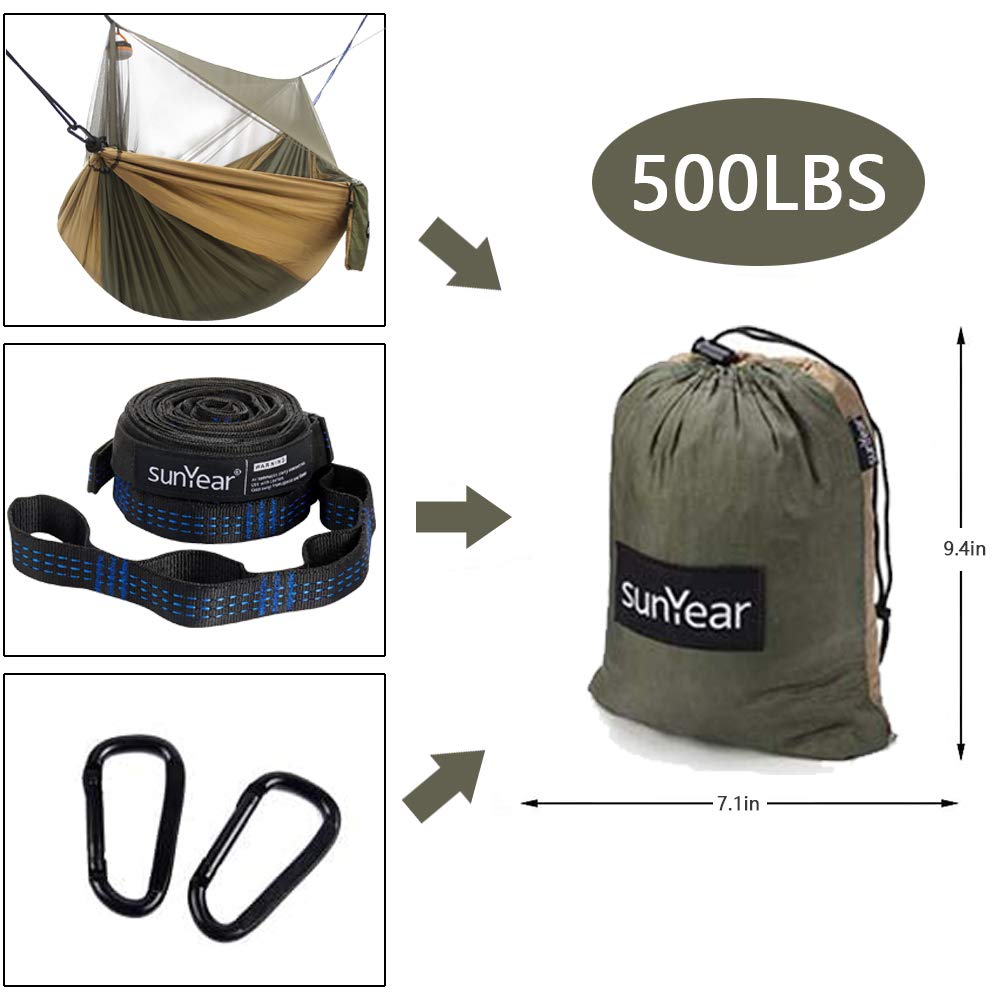 Sunyear Hammock Camping with Rain Fly Tarp and Net, Portable Camping Hammock Double Tree Hammock Outdoor Indoor Backpacking Travel & Survival, 2 Tree Straps,100% Waterproof