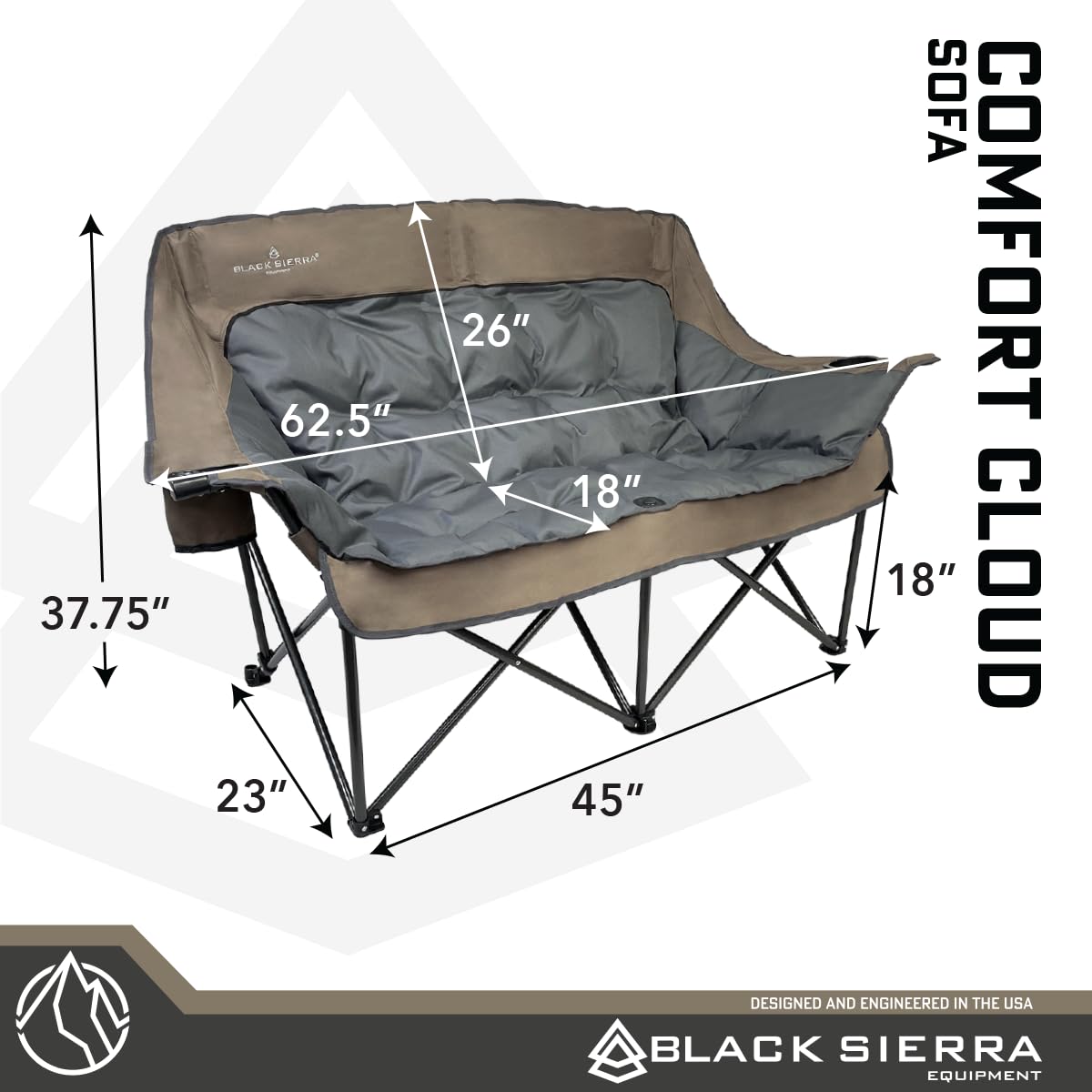Black Sierra Oversized Plush Padded Camping Sofa, Portable Outdoor Loveseat Supports 500 Lbs, XL Foldup Couch w/Dual Cupholders and Carry Bag, Great for Beach, Camping, RV, Patio