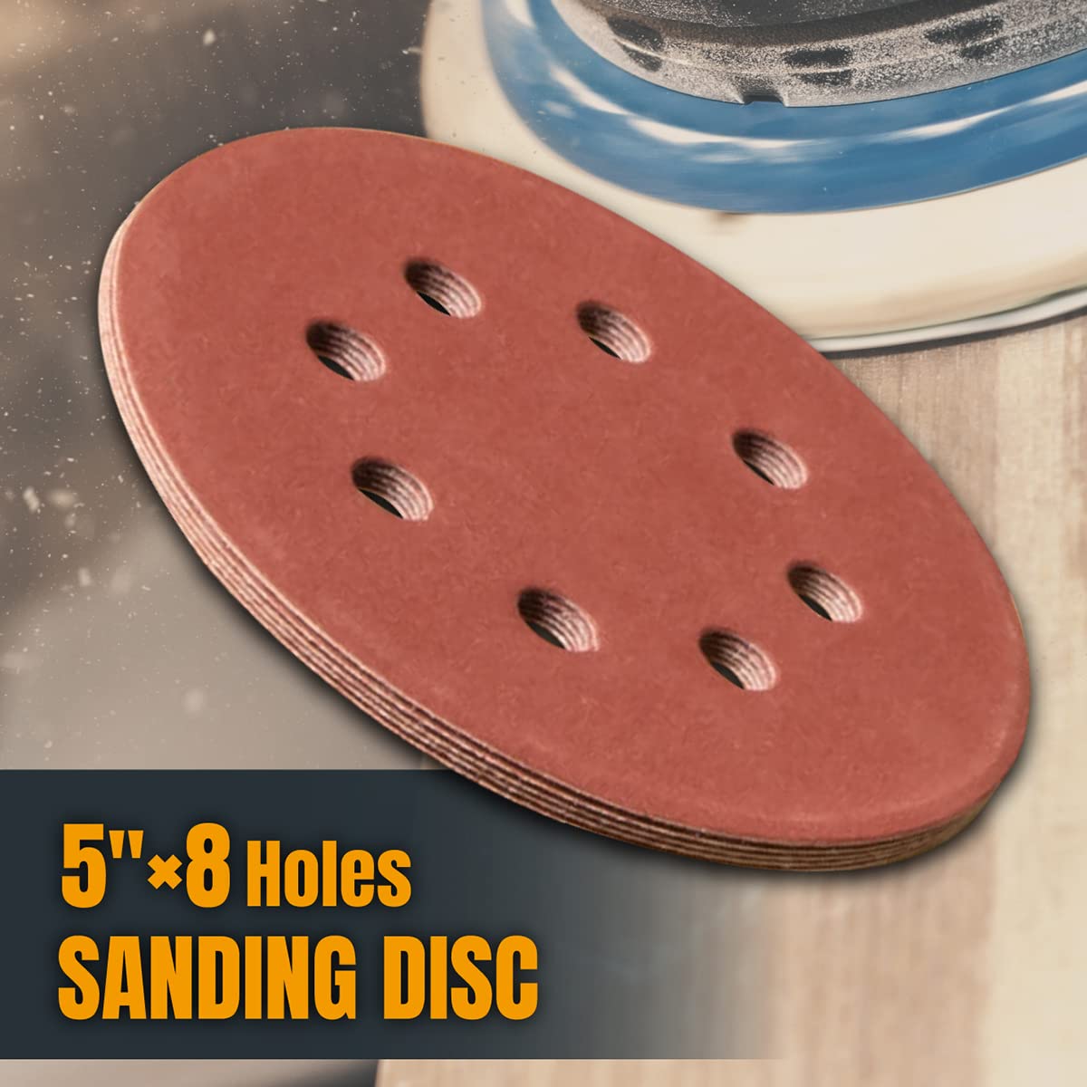 POWERTEC 100PK, 40/80/120/220/320 Grits, 5 Inch 8 Hole Hook and Loop Sanding Discs, Aluminum Oxide Sandpaper Discs, Woodworking Sanding Pads for Random Orbital, Palm, Air & Pneumatic Sander (45000)