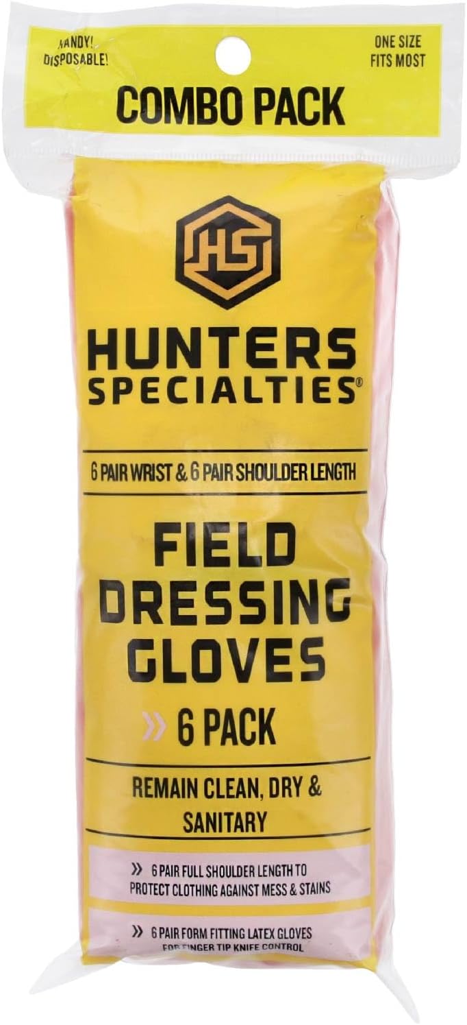 Hunters Specialties Field Dressing Gloves Combo Pack 6 Pairs Short Latex Gloves & 6 Pairs Shoulder-Length Poly Gloves for Deer Gutting