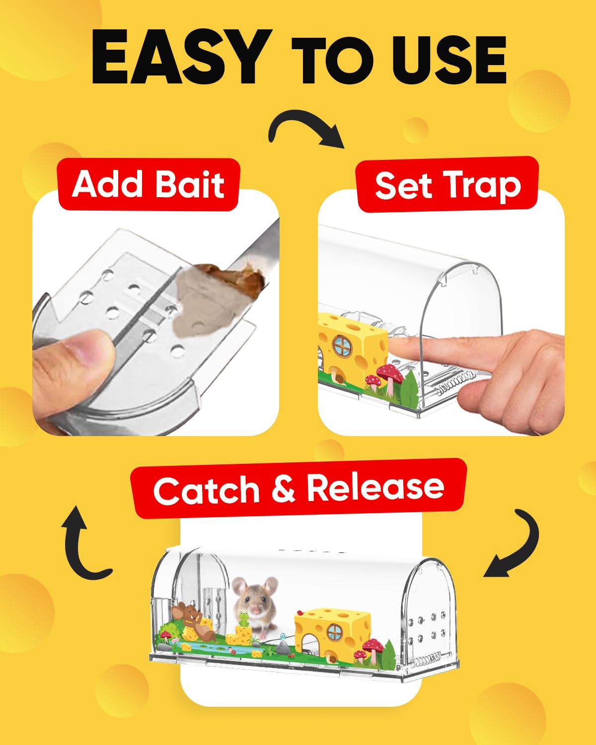 Motel Mouse Humane No Kill Live Catch and Release Mouse Traps, Reusable with Cleaning Brush - 4 Pack