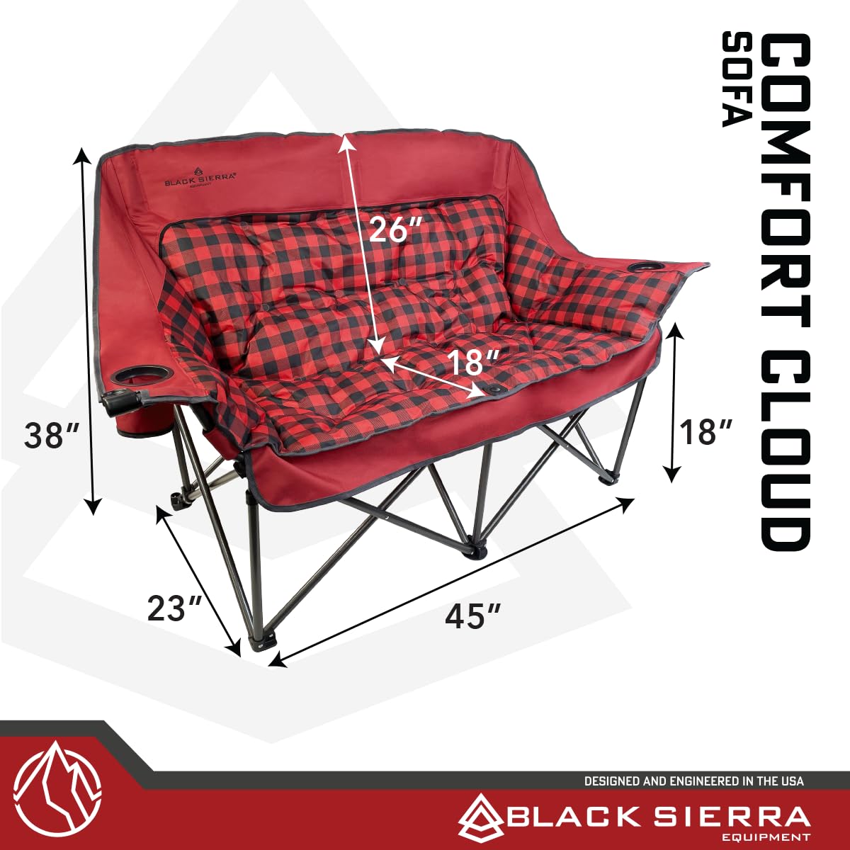 Black Sierra Oversized Plush Padded Camping Sofa, Portable Outdoor Loveseat Supports 500 Lbs, XL Foldup Couch w/Dual Cupholders and Carry Bag, Great for Beach, Camping, RV, Patio