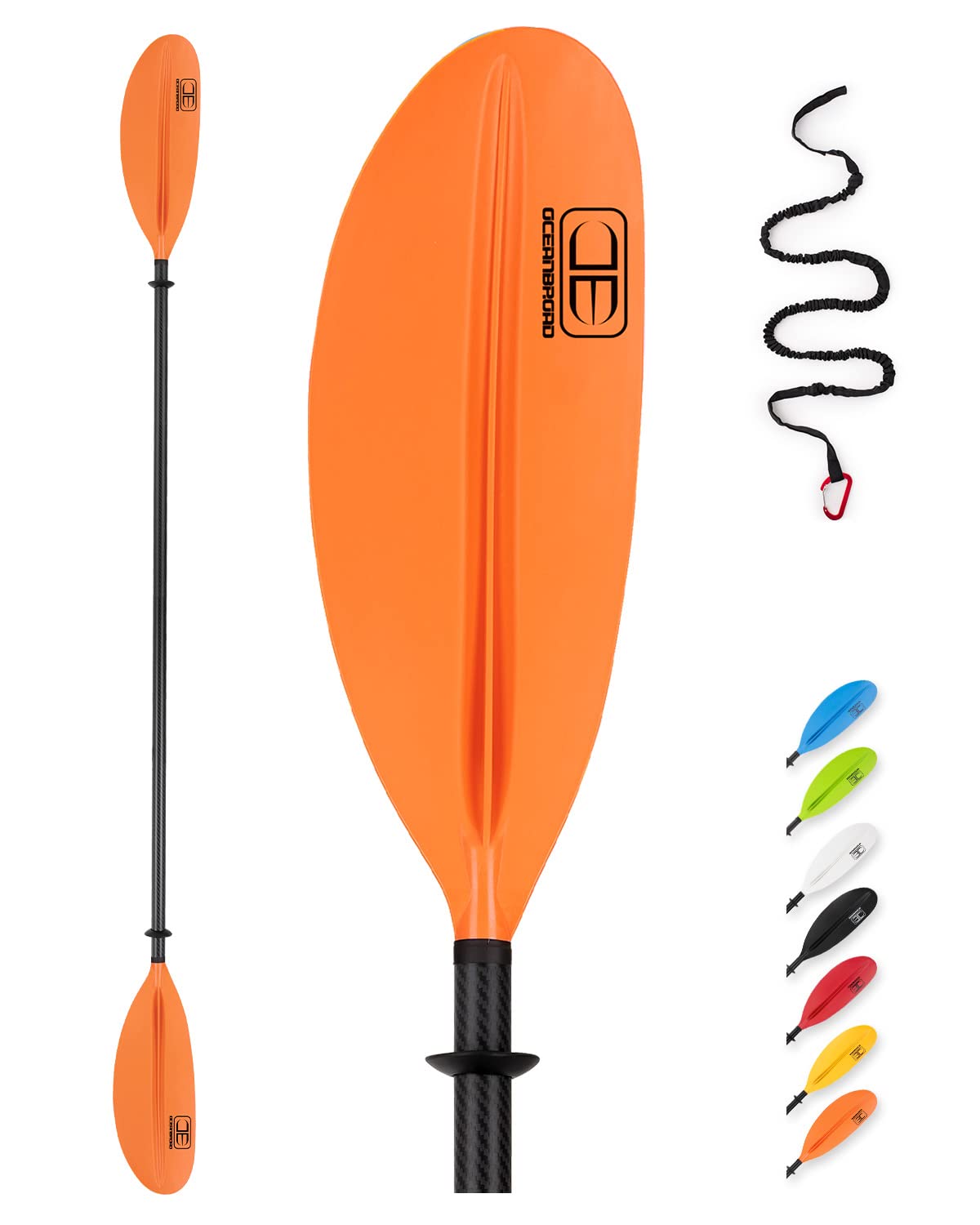 OCEANBROAD Carbon Fiber Kayak Paddle 90.5in/230cm, 86in/218cm for Adults Kayaking Boating Canoeing Oar with Paddle Leash