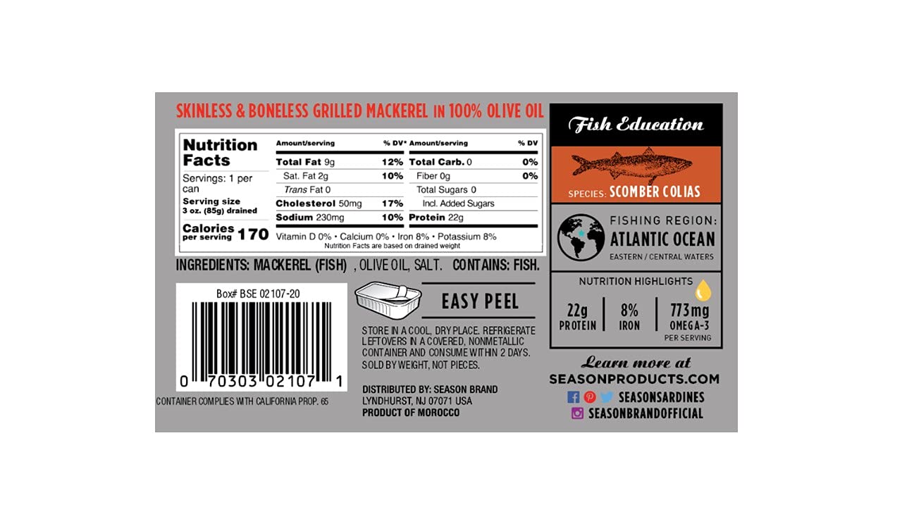 Season Mackerel in Water - Skinless & Boneless, No Salt Added, Wild Caught, Keto Snacks, Canned Mackerel Fillets, Full of Vitamins, Low in Mercury, Kosher, Non-GMO, 20g of Protein - 4.37 Oz, 12-Pack
