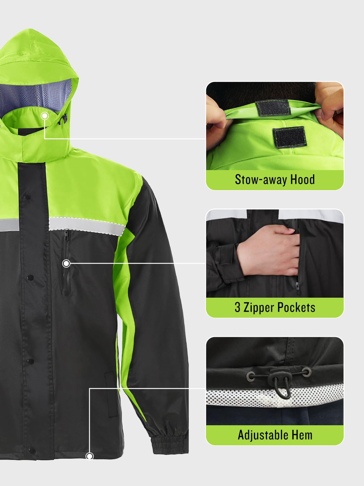 Men's Rain Suit High Visibility Reflective Work Rain Jacket Pants for All Sport Farm Fishing Motorcycle