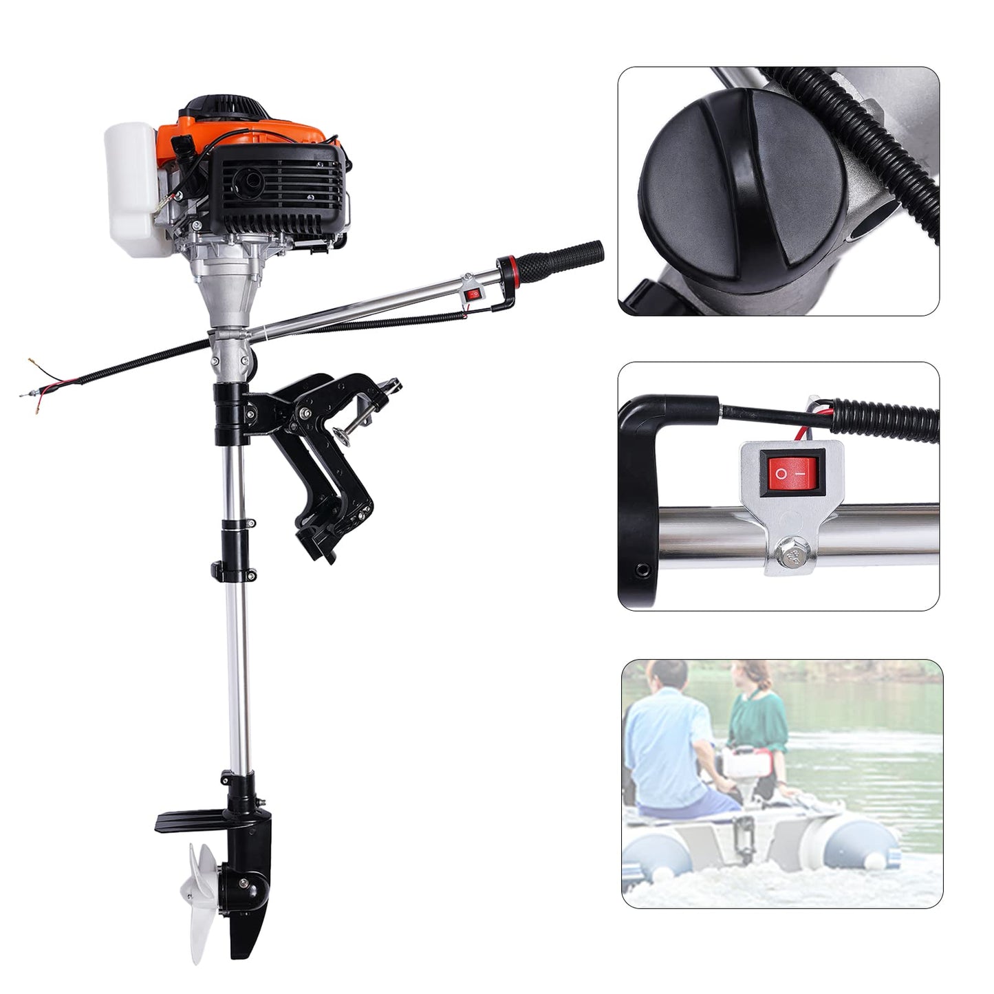 6HP Heavy Duty Outboard Motor, 170cc 4 Stroke Gas Outboard Boat Motor Engine with Air Cooling System, 3.2KW Single Cylinder Fishing Boat Engine for 3-7m Length