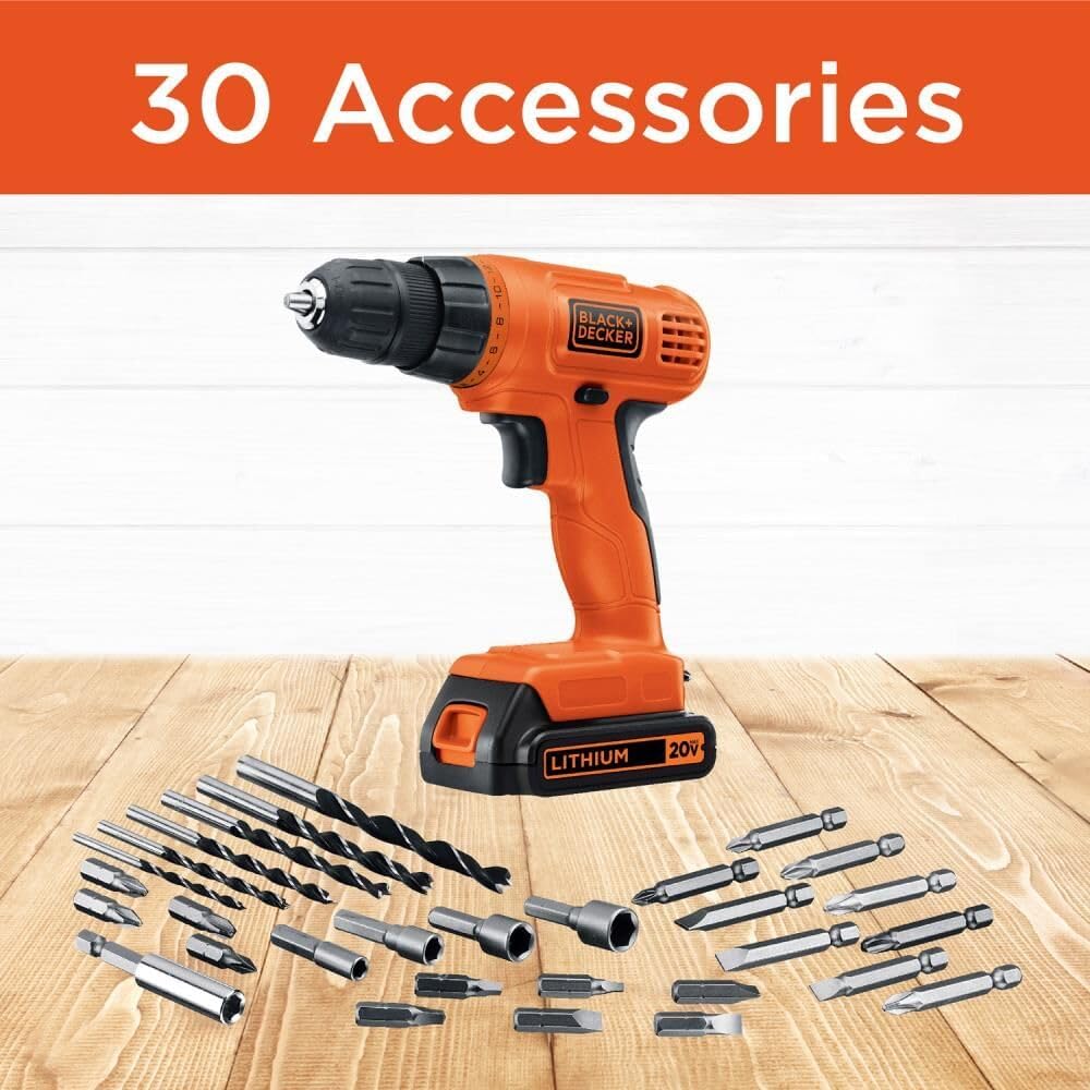 BLACK+DECKER 20V MAX POWERCONNECT Power Drill Cordless Drill Driver Electric Screwdriver with 30 Piece Bit Set and Drivers Kit, Battery and Charger Included (LD120VA)
