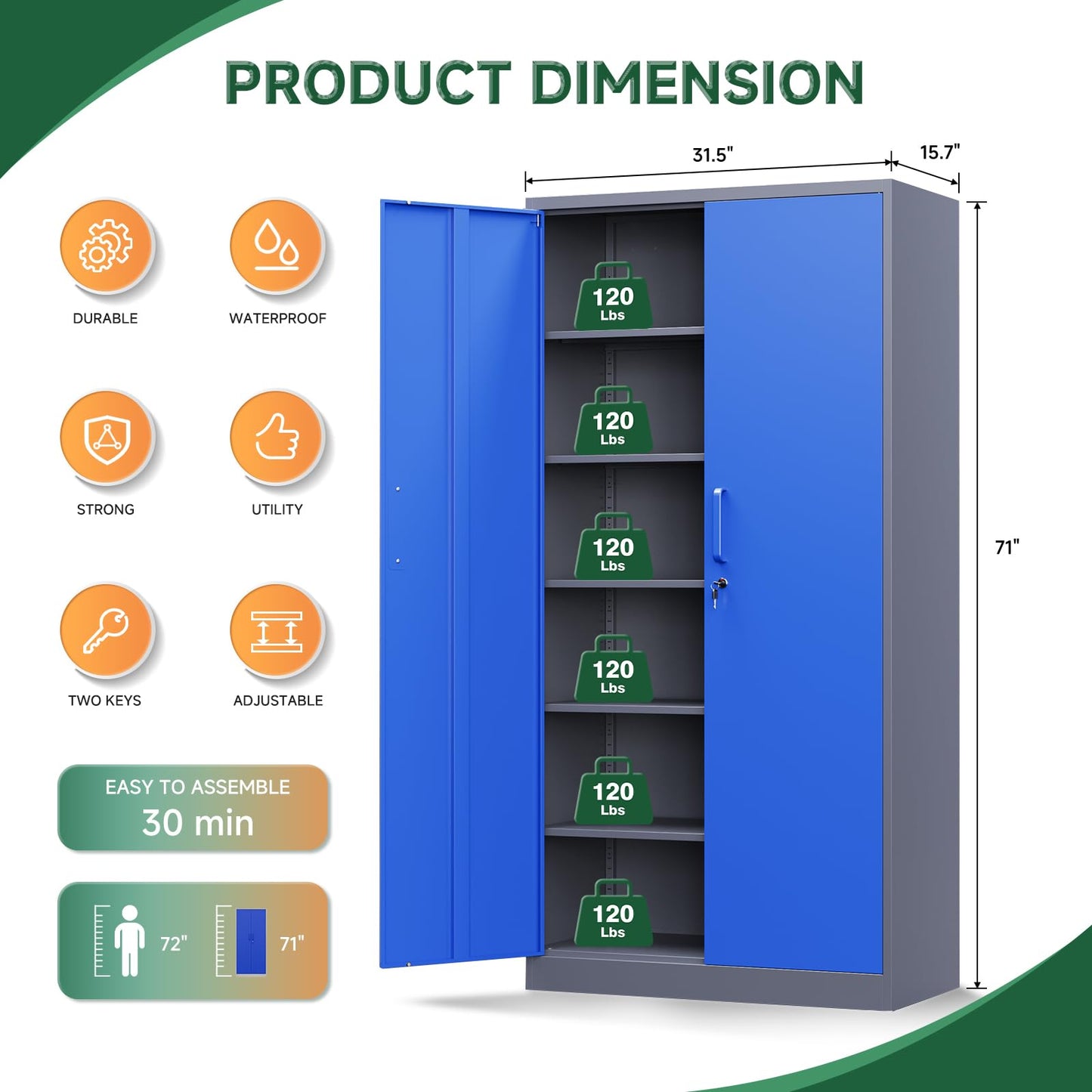 Letaya Metal Garage Storage Cabinets with Lock-72 Tall Tool Organizer Steel Lockers, 5 Adjustable Layers Shelves for Home,Office,Warehouse,Garage,(Black-72“)