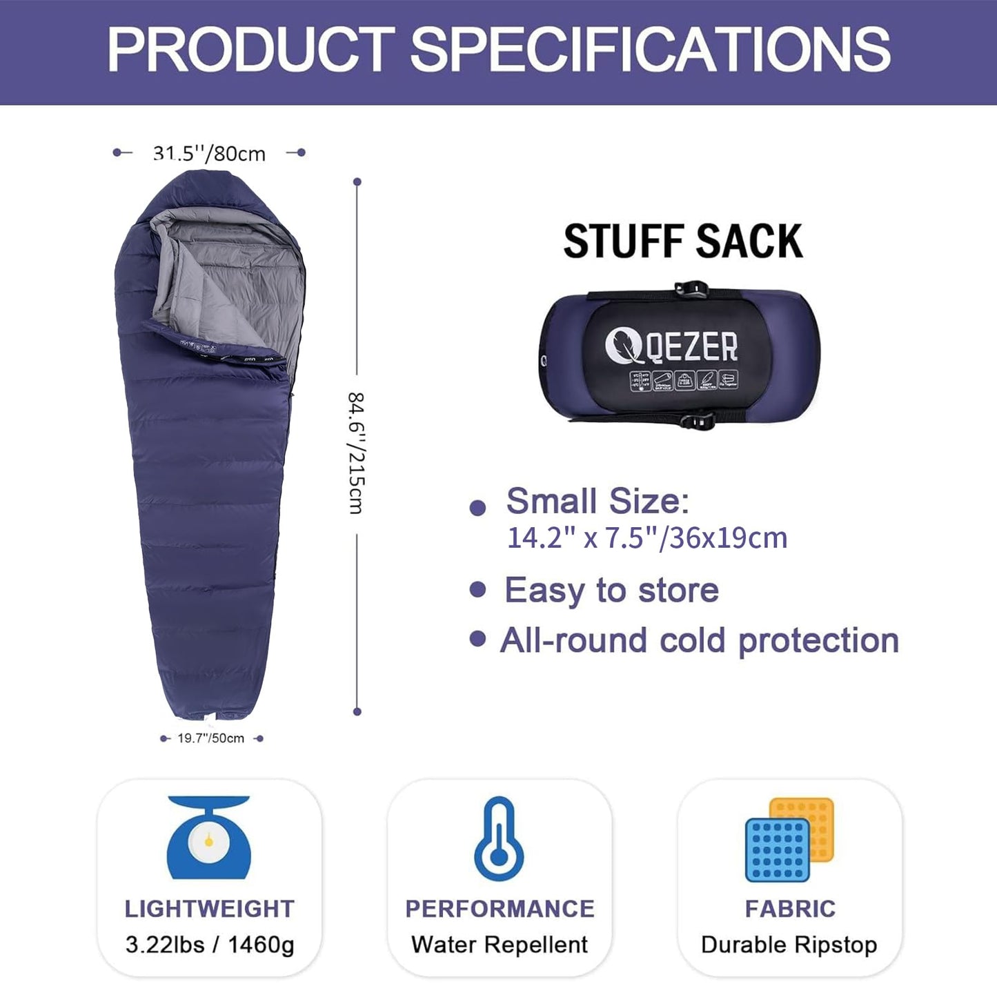 Down Sleeping Bag for Adults 0°F 10°F 15°F 20°F Backpacking Sleeping Bag for Cold Weather with Compression Sack