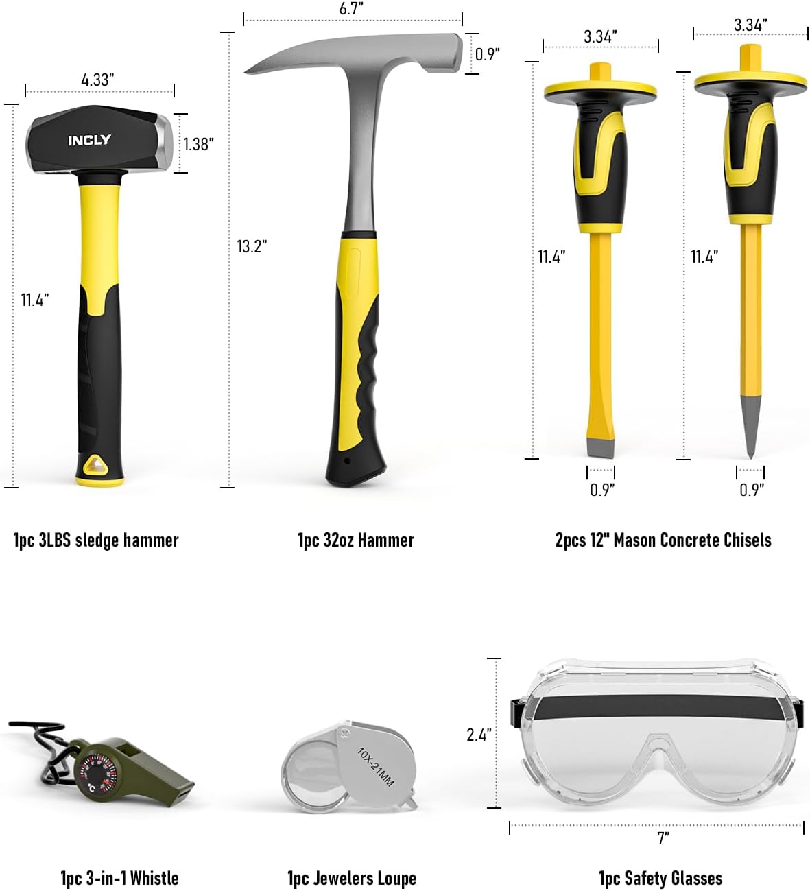 INCLY 7 Pcs Geology Rock Pick Equipment Kit, 3lb Sledge &32 oz Rock Hammer with 2PCS 12" Mason Concrete Chisel.Safety Glasses, Jewelers loupe, Tool Set for Hounding, GoldMining, Stone Breaking