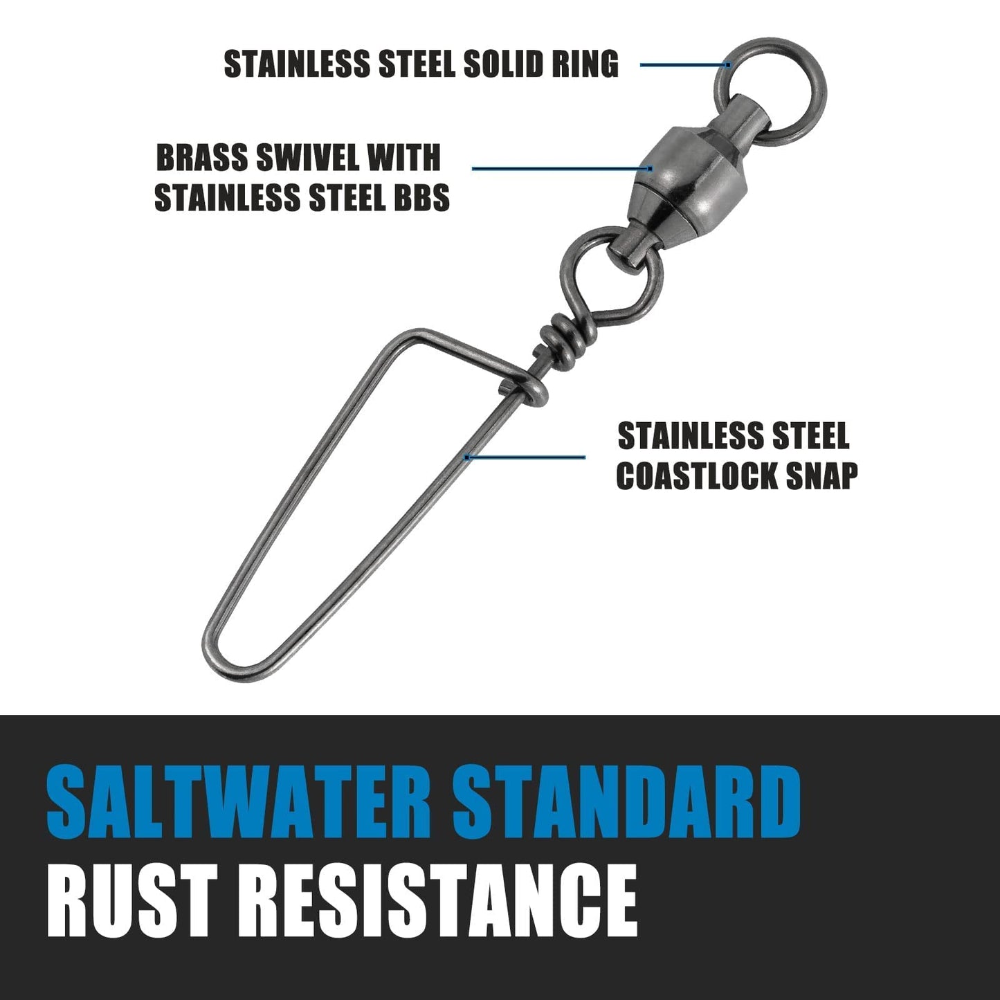 Dr.Fish Ball Bearing Swivels with Snap, Snap Swivels Fishing Tackle Stainless Saltwater & Freshwater Coast Lock Fishing Clips Terminal Tackle Line Lure Leader Connector Accesories