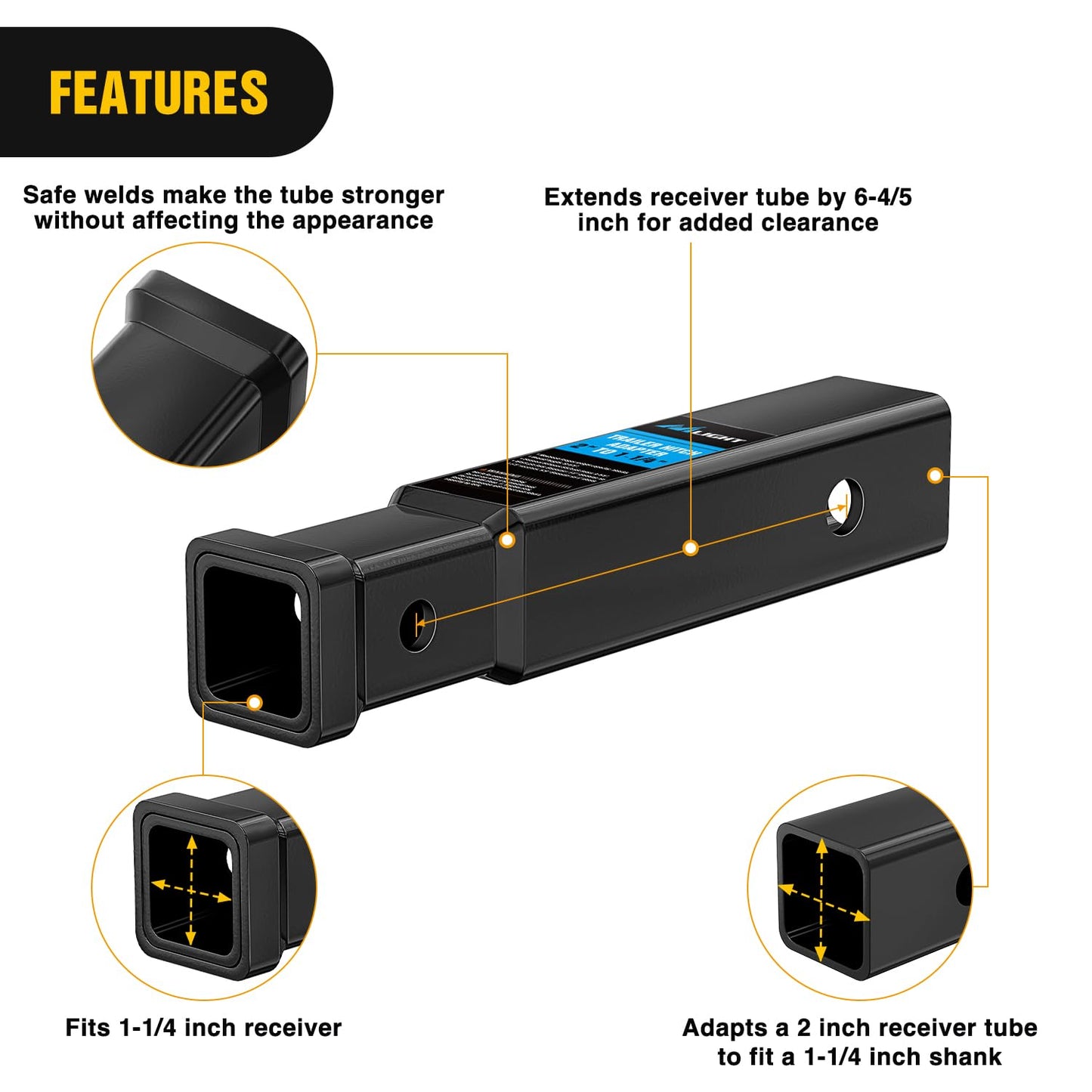 Nilight Trailer Hitch Receiver Extender Adapter Reducer 1-1/4 to 2Inch Hitch Adapter 6-1/2 inch Extension Sleeve Convertor 350Lbs with 1/2-Inch Diameter Pin and Clip with 5/8-Inch Adapter