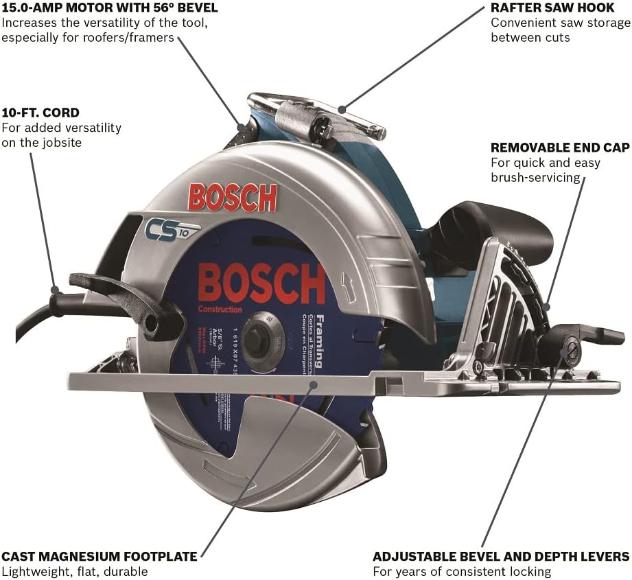 BOSCH CS10 15 Amp Circular Saw 7-1/4 Inch Blade 0-56 Degree Bevel Capacity, 120 Volt